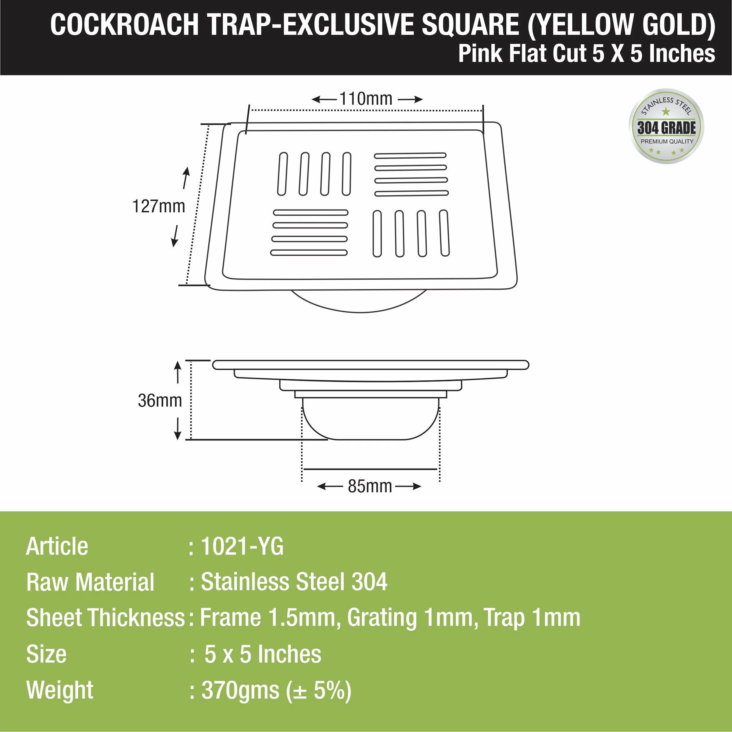 Pink Exclusive Square Flat Cut Floor Drain in Yellow Gold PVD Coating (5 x 5 Inches) with Cockroach Trap - LIPKA - Image 2
