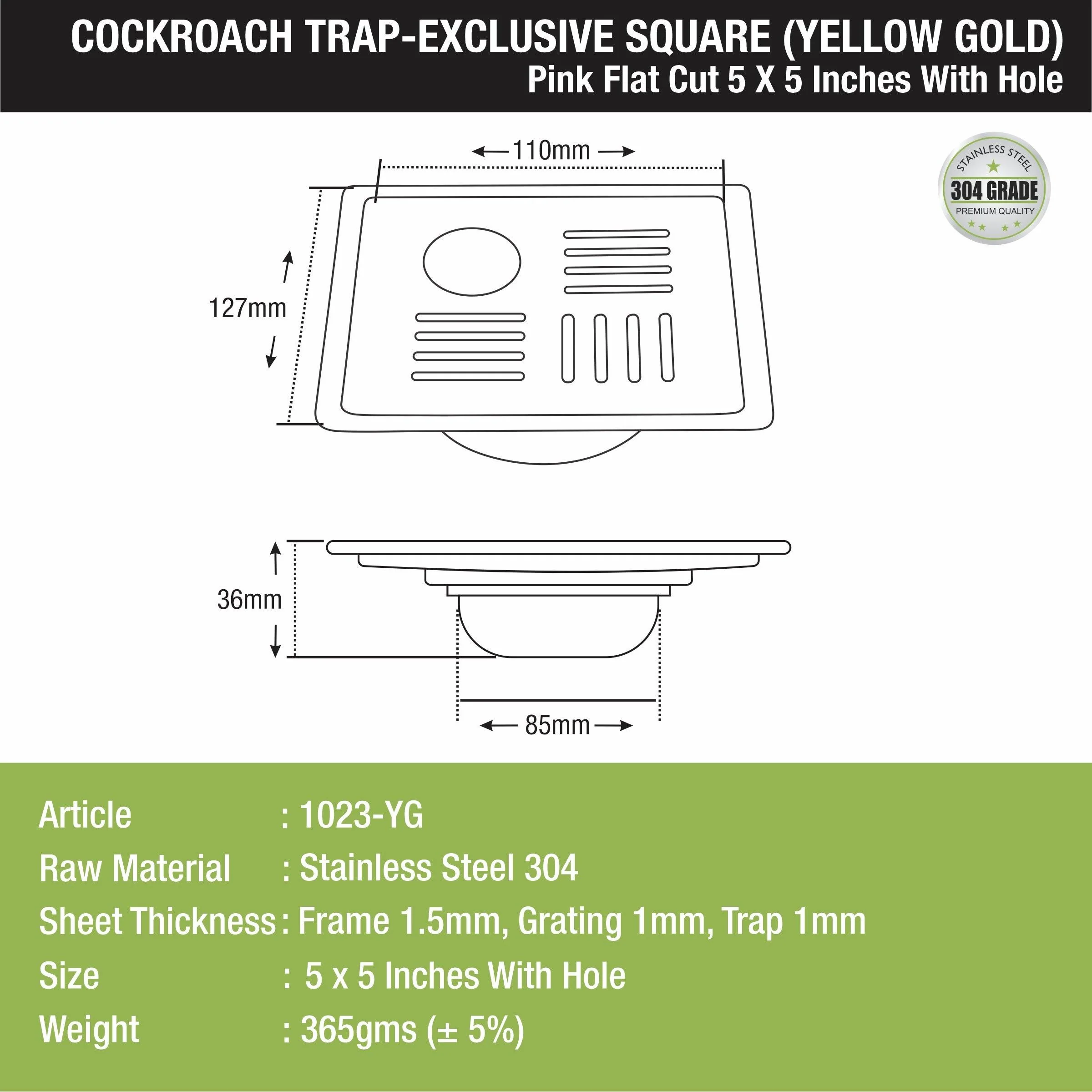 Pink Exclusive Square Flat Cut Floor Drain in Yellow Gold PVD Coating (5 x 5 Inches) with Hole & Cockroach Trap - LIPKA - Image 2