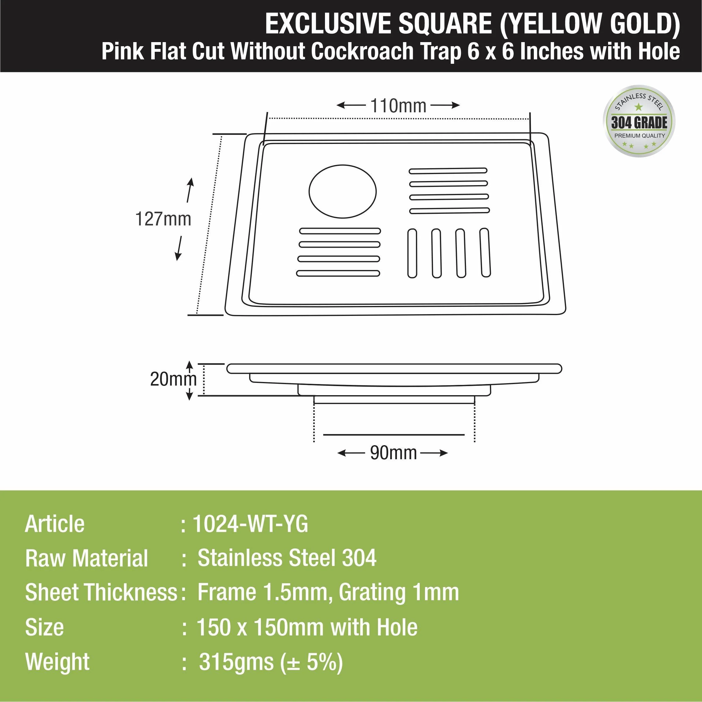 Pink Exclusive Square Flat Cut Floor Drain in Yellow Gold PVD Coating (6 x 6 Inches) with Hole - LIPKA - Image 2