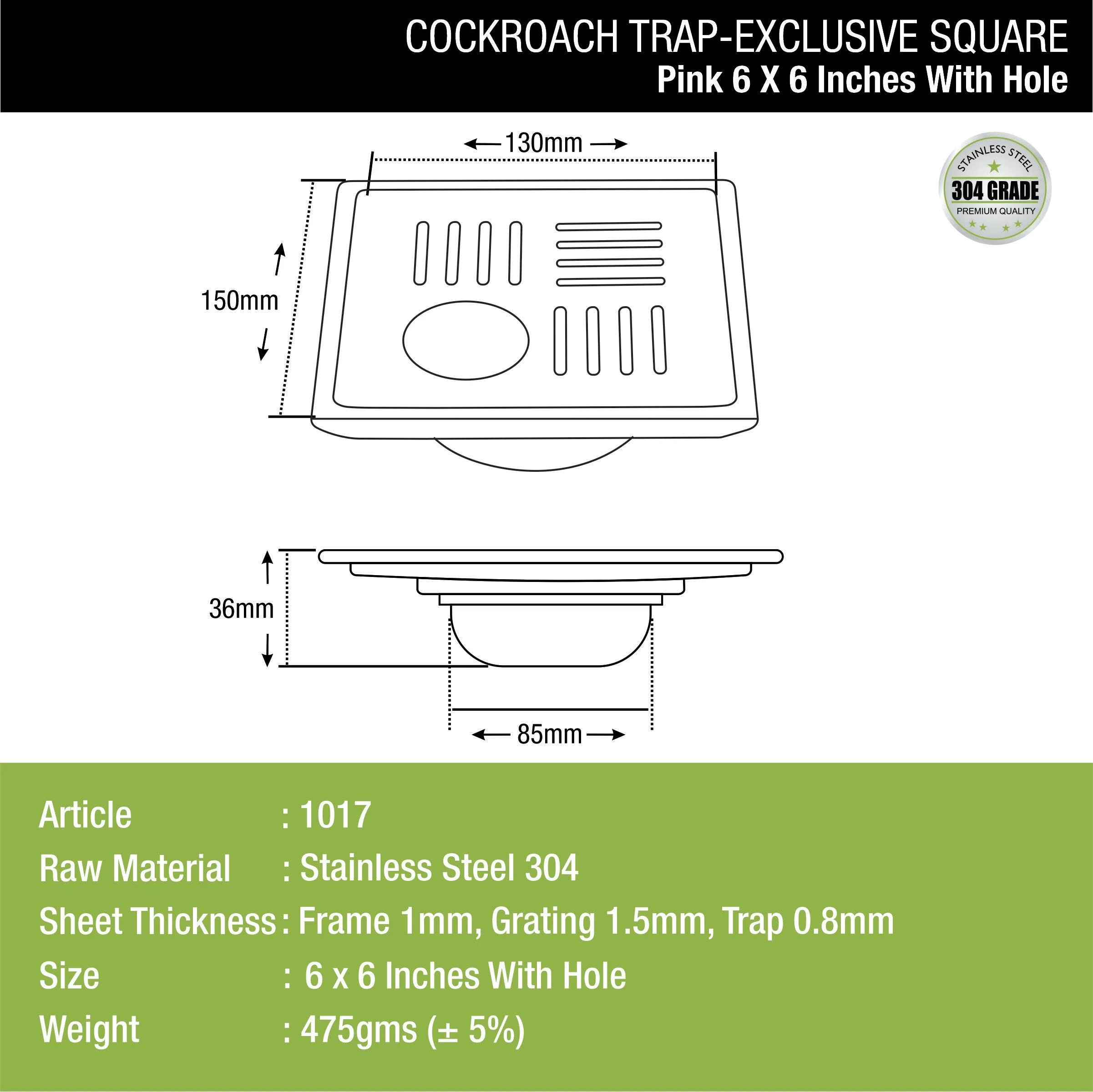 Pink Exclusive Square Floor Drain (6 x 6 Inches) with Hole and Cockroach Trap - LIPKA - Image 2