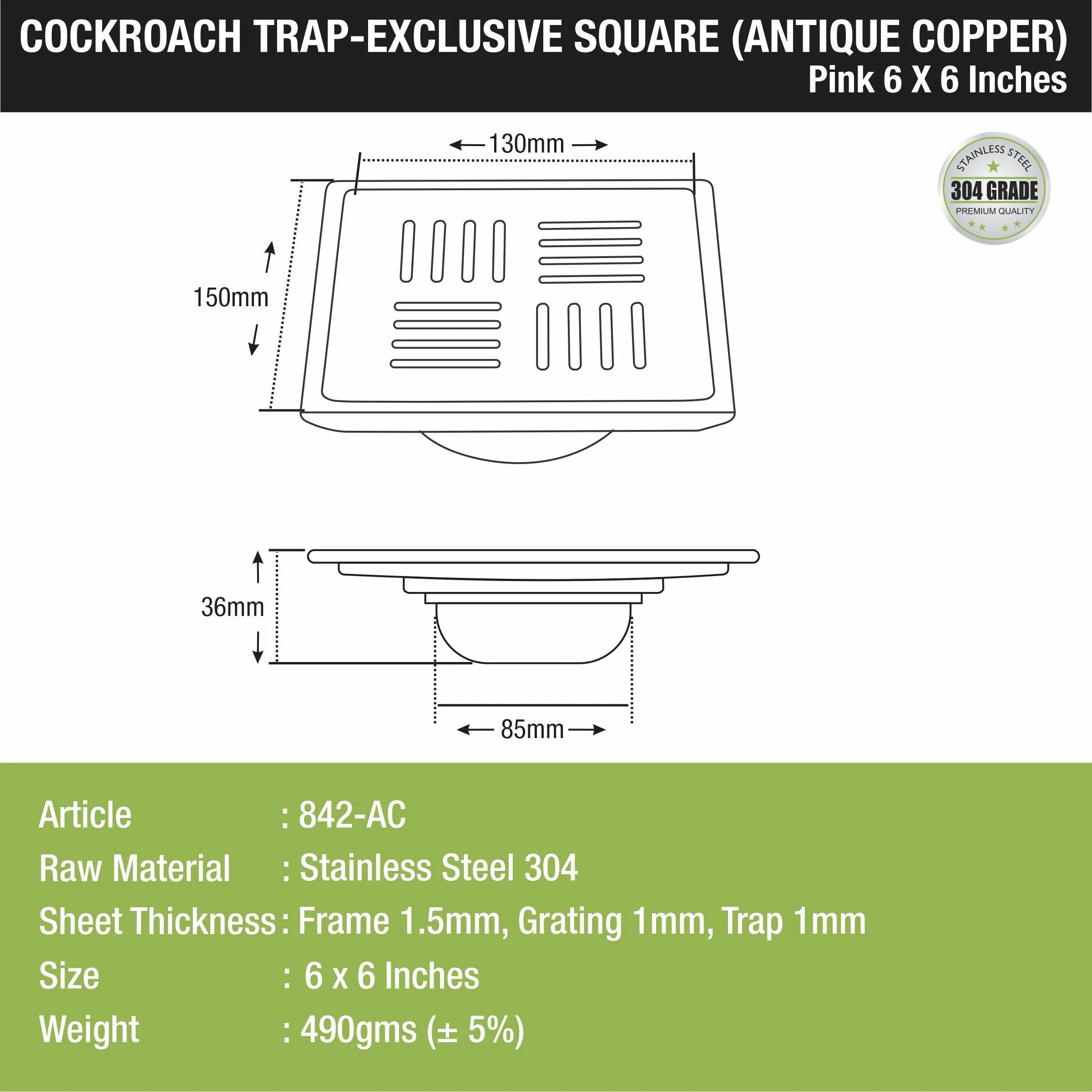 Pink Exclusive Square Floor Drain in Antique Copper PVD Coating (6 x 6 Inches) with Cockroach Trap - LIPKA - Image 2