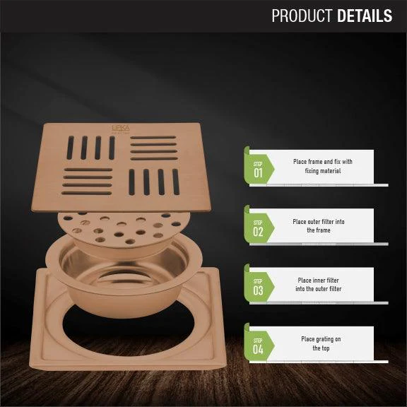Pink Exclusive Square Floor Drain in Antique Copper PVD Coating (6 x 6 Inches) with Cockroach Trap - LIPKA - Image 3