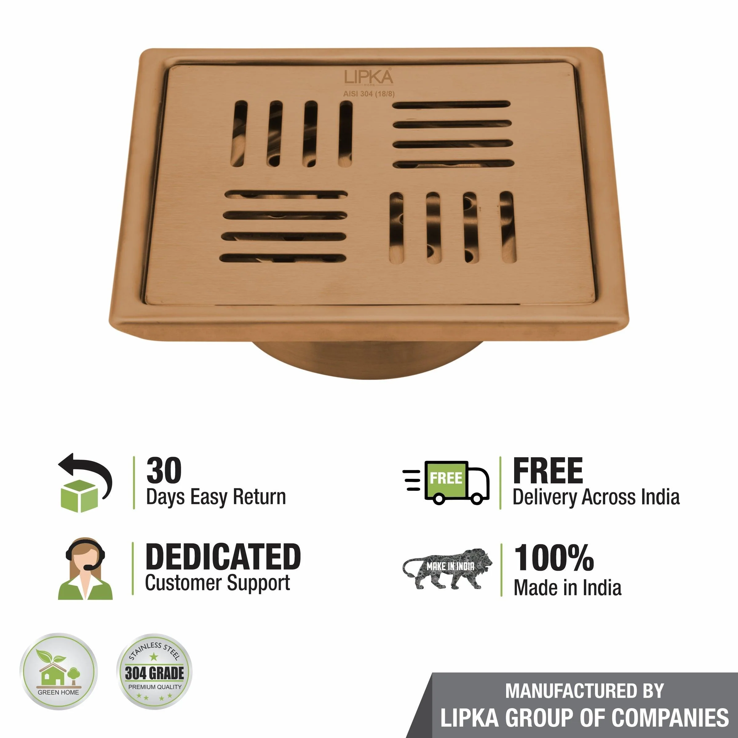 Pink Exclusive Square Floor Drain in Antique Copper PVD Coating (6 x 6 Inches) with Cockroach Trap - LIPKA - Image 5