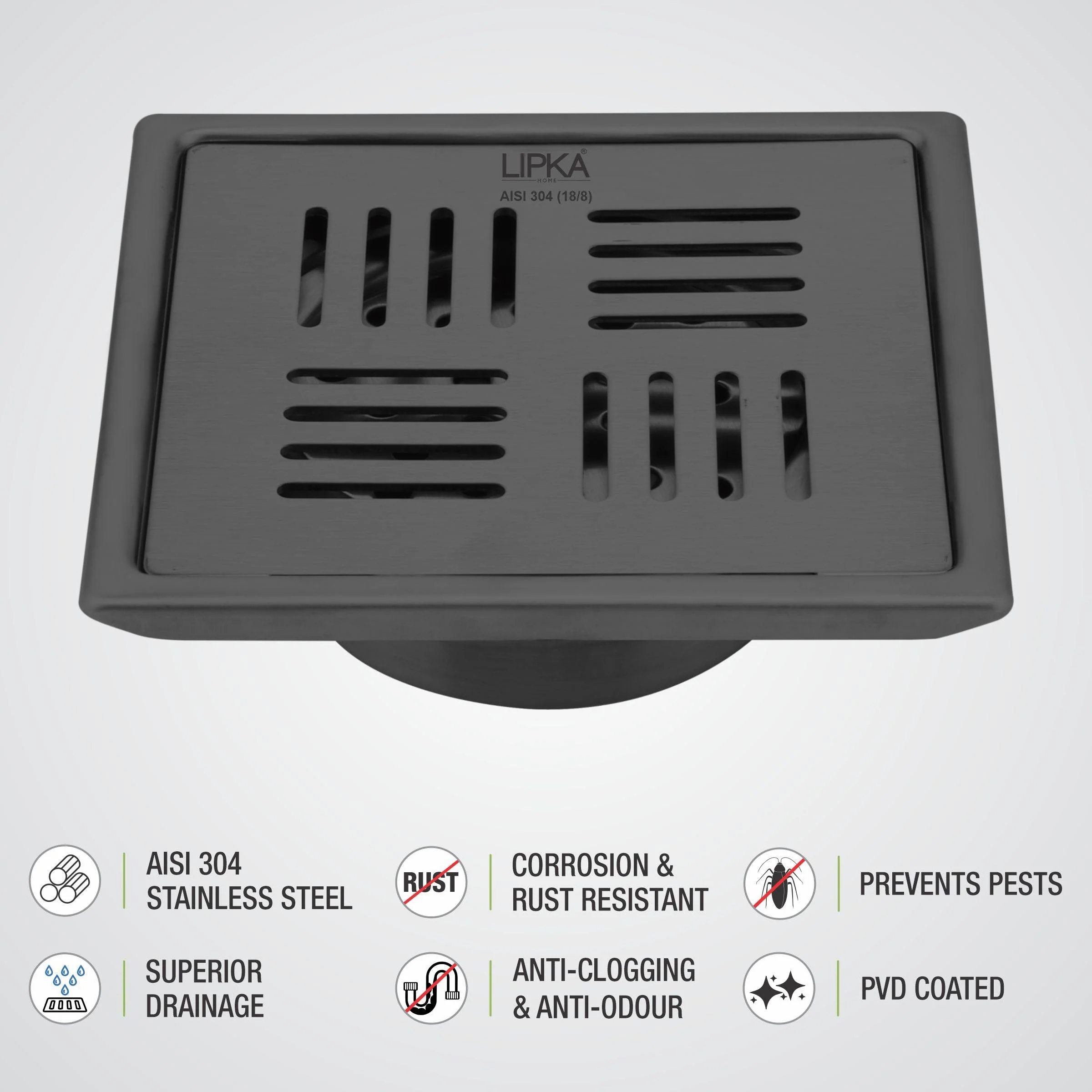Pink Exclusive Square Floor Drain in Black PVD Coating (6 x 6 Inches) with Cockroach Trap - LIPKA - Image 4