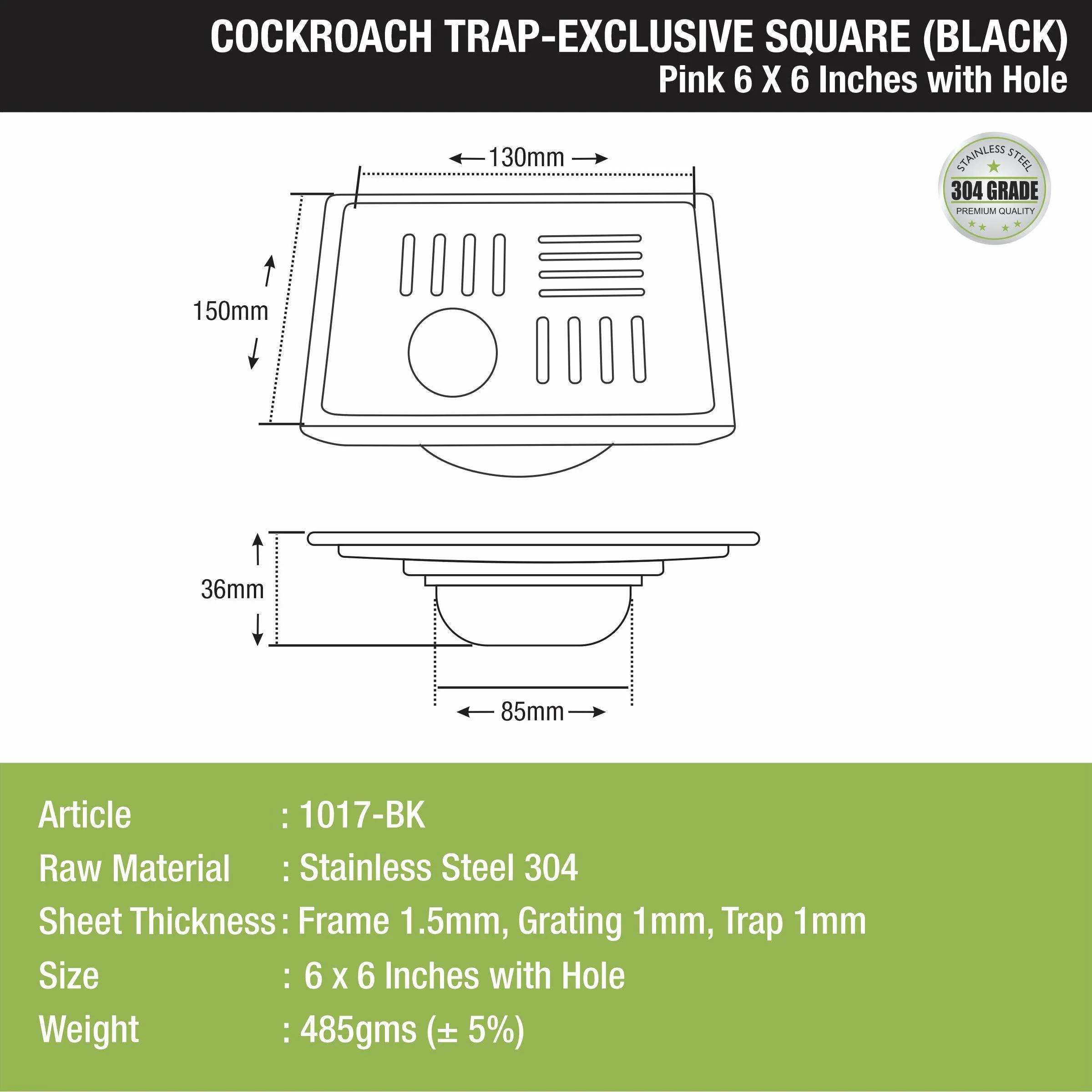 Pink Exclusive Square Floor Drain in Black PVD Coating (6 x 6 Inches) with Hole & Cockroach Trap - LIPKA - Image 2