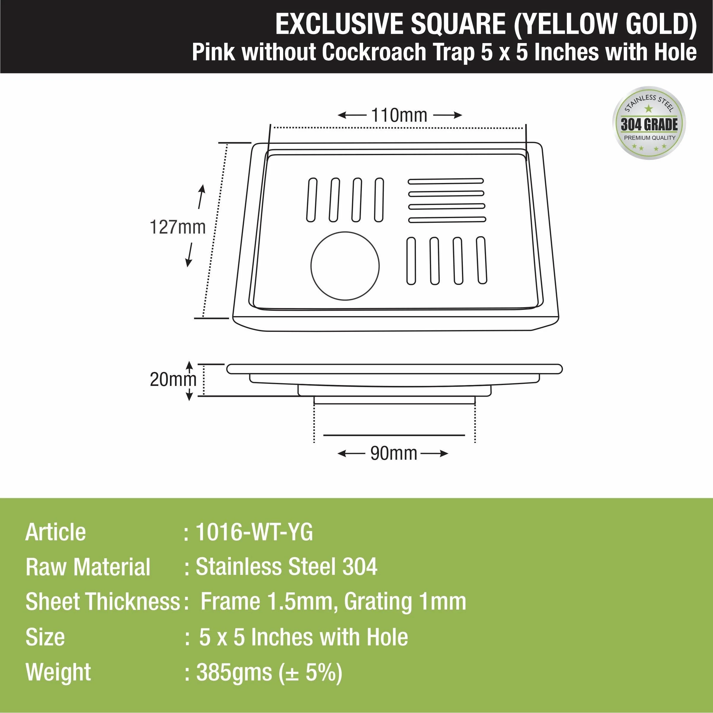 Pink Exclusive Square Floor Drain in Yellow Gold PVD Coating (5 x 5 Inches) with Hole - LIPKA - Image 2
