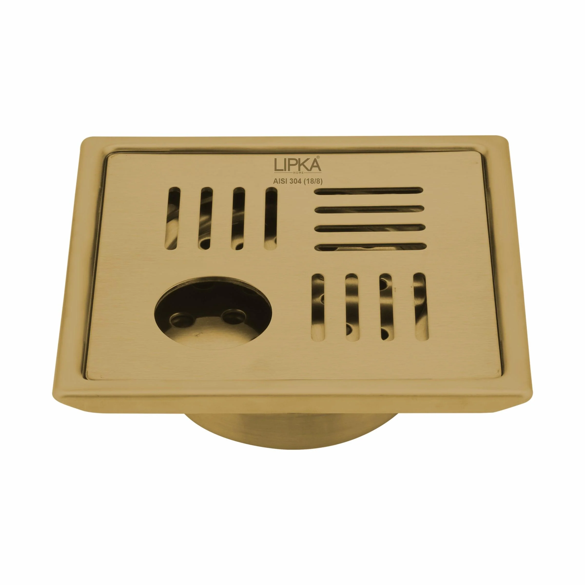 Pink Exclusive Square Floor Drain in Yellow Gold PVD Coating (6 x 6 Inches) with Hole & Cockroach Trap - LIPKA