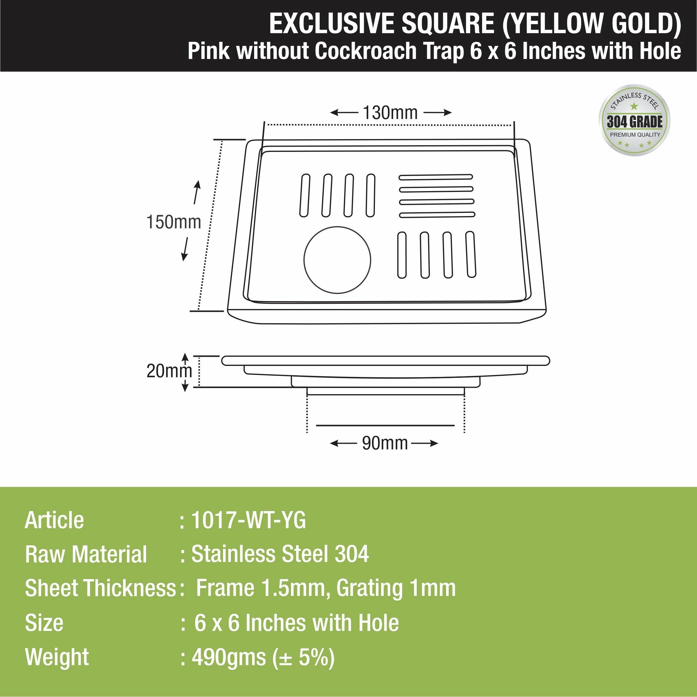 Pink Exclusive Square Floor Drain in Yellow Gold PVD Coating (6 x 6 Inches) with Hole - LIPKA - Image 2