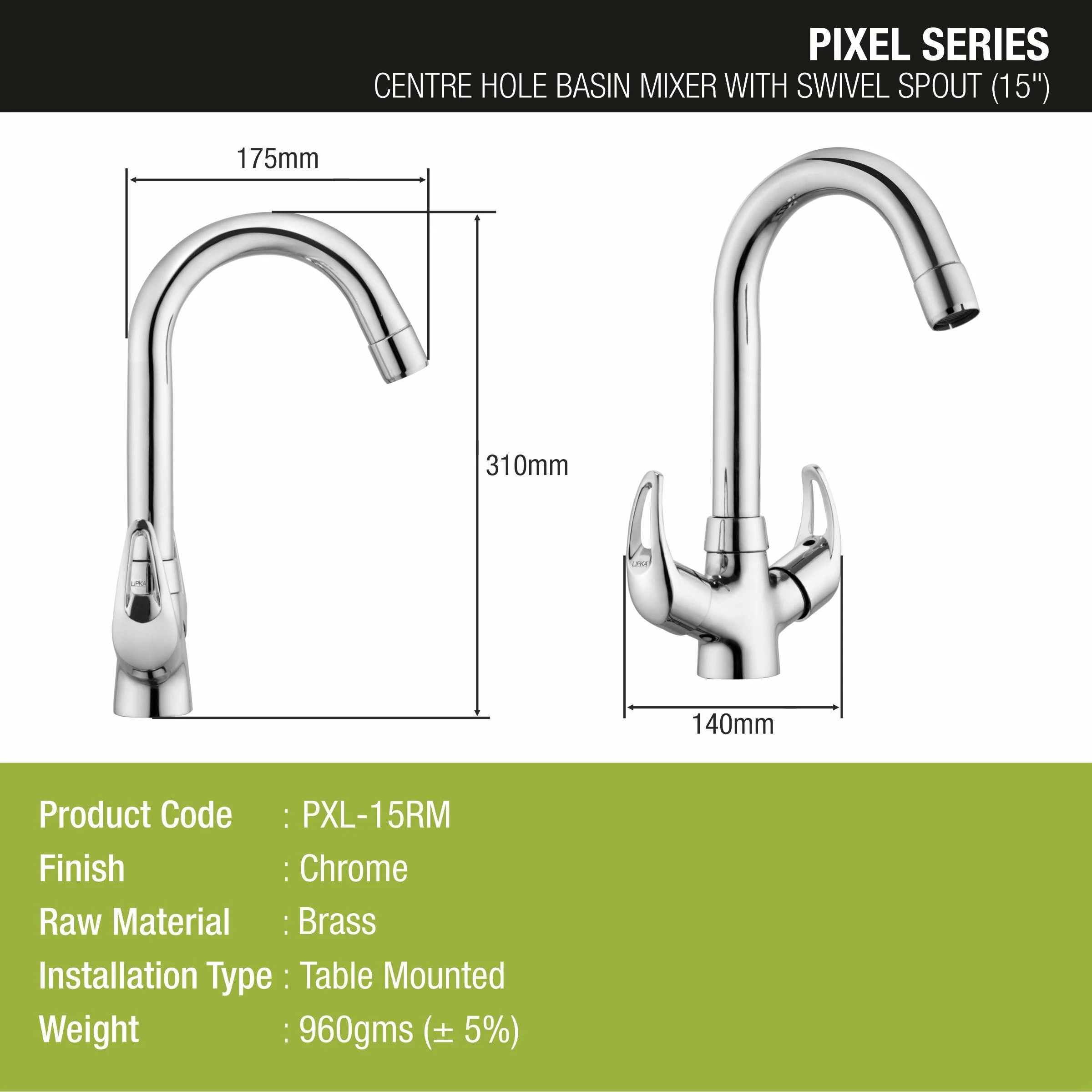Pixel Centre Hole Basin Mixer Brass Faucet with Round Swivel Spout (15 Inches) - LIPKA - Image 2