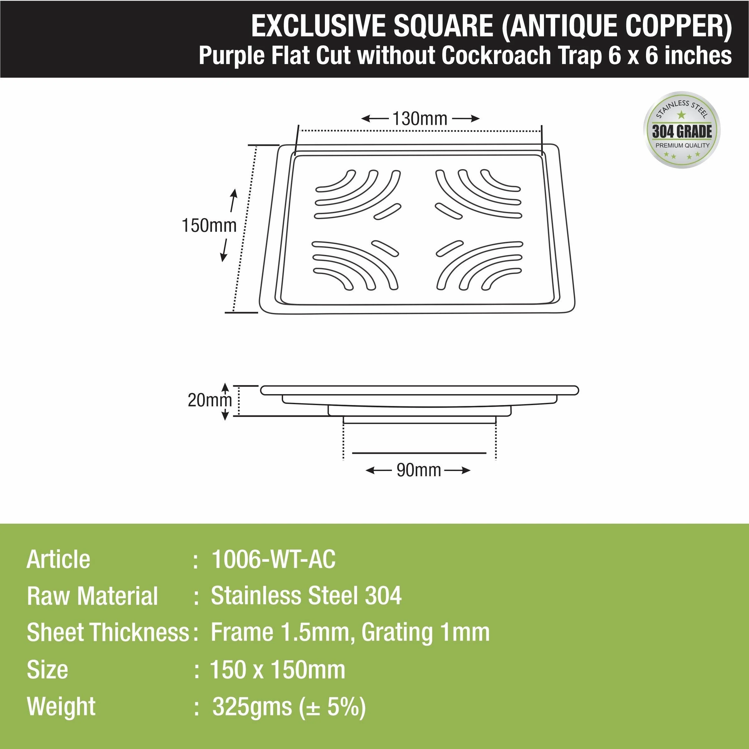 Purple Exclusive Square Flat Cut Floor Drain in Antique Copper PVD Coating (6 x 6 Inches) - LIPKA - Image 2