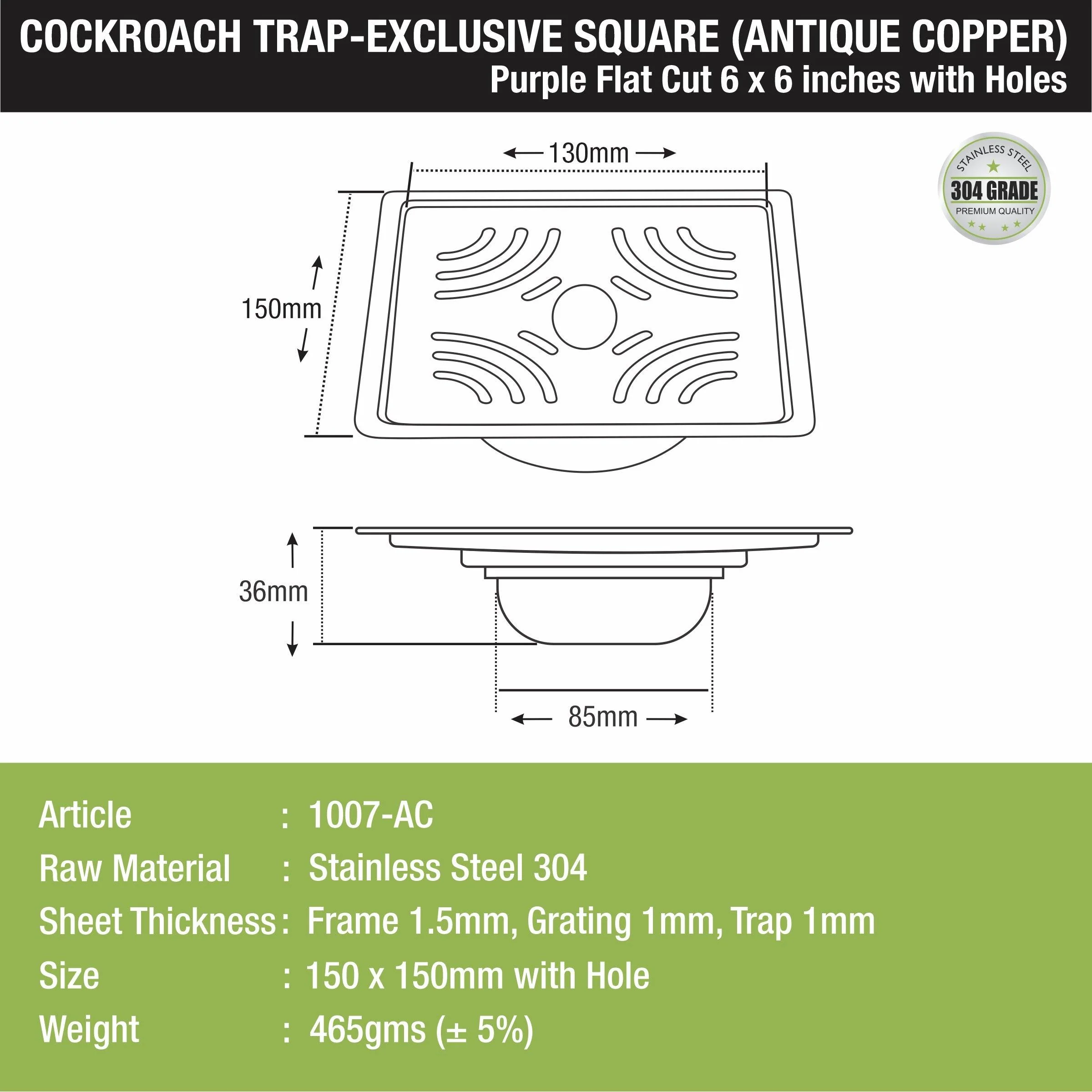 Purple Exclusive Square Flat Cut Floor Drain in Antique Copper PVD Coating (6 x 6 Inches) with Hole & Cockroach Trap - LIPKA - Image 2