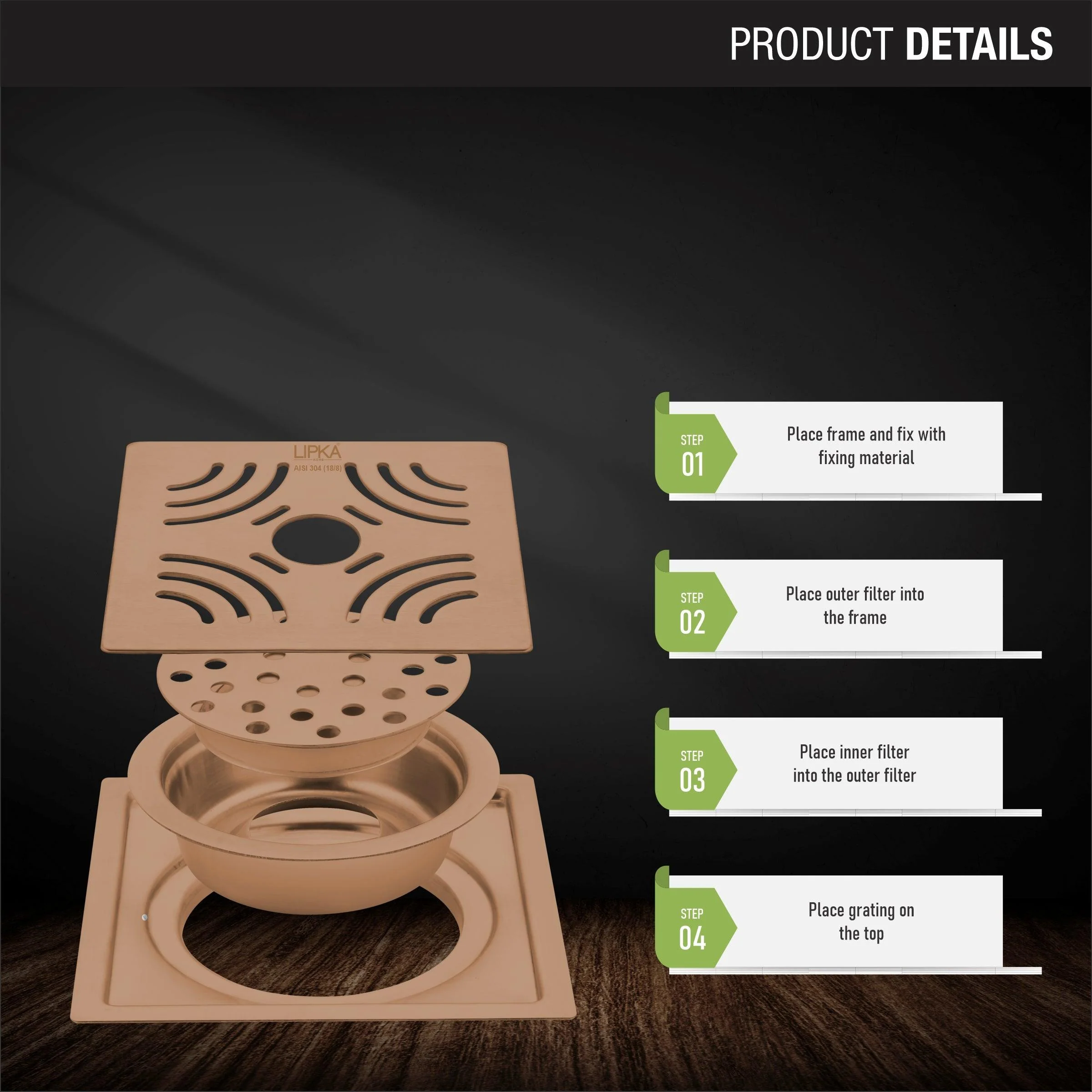 Purple Exclusive Square Flat Cut Floor Drain in Antique Copper PVD Coating (6 x 6 Inches) with Hole & Cockroach Trap - LIPKA - Image 3