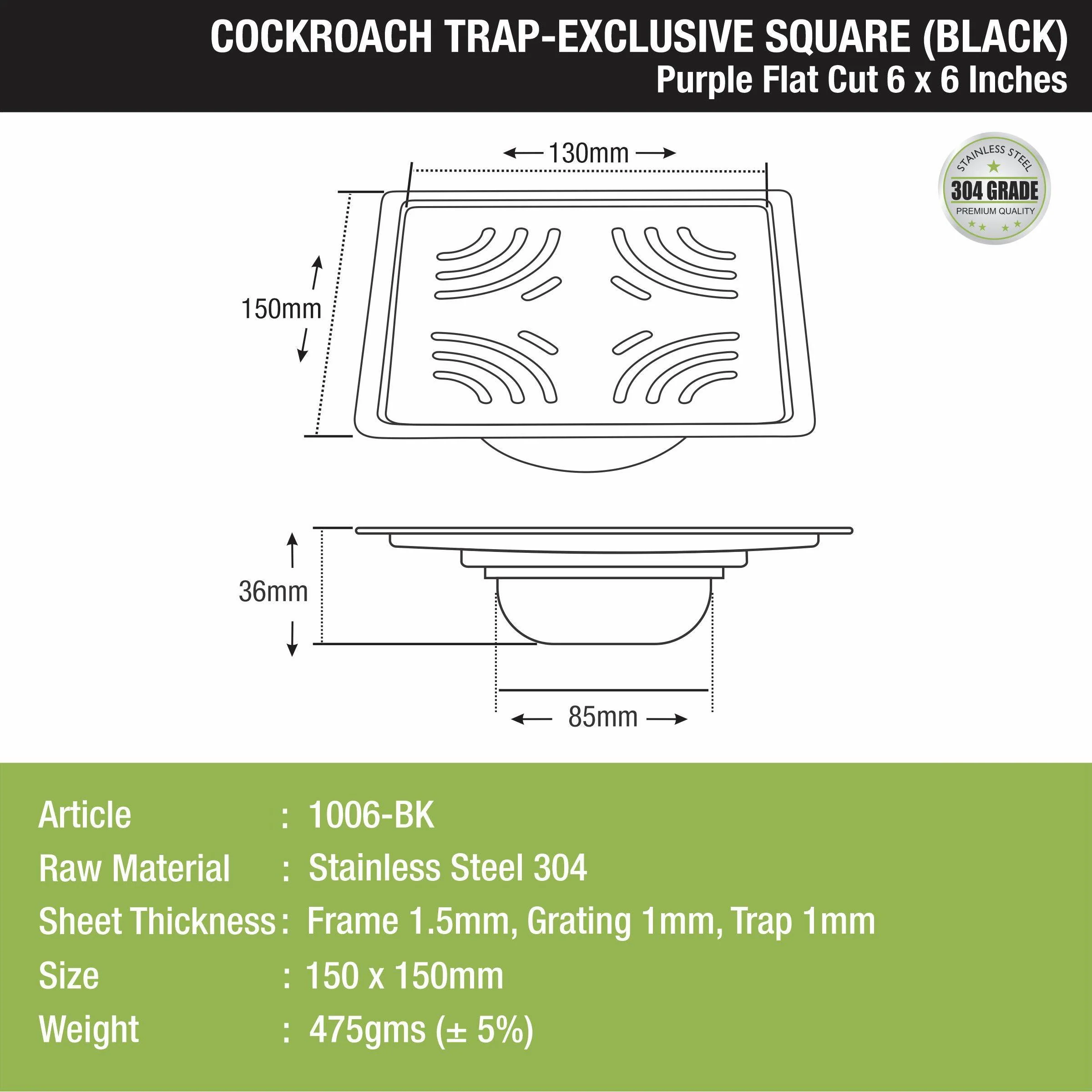 Purple Exclusive Square Flat Cut Floor Drain in Black PVD Coating (6 x 6 Inches) with Cockroach Trap - LIPKA - Image 2