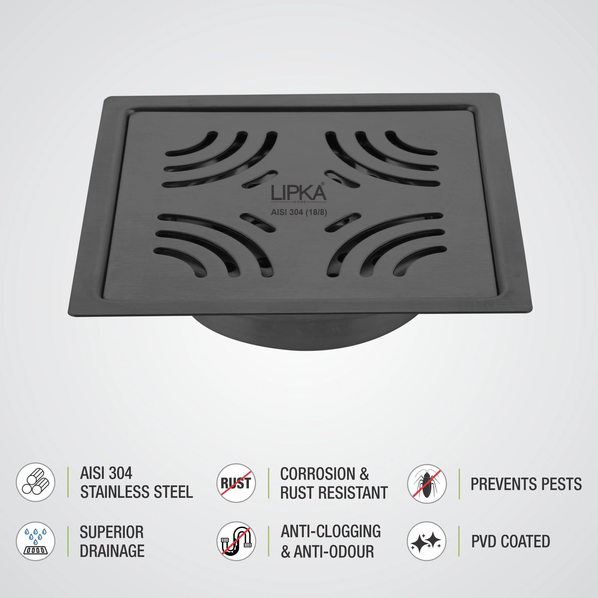Purple Exclusive Square Flat Cut Floor Drain in Black PVD Coating (6 x 6 Inches) with Cockroach Trap - LIPKA - Image 3