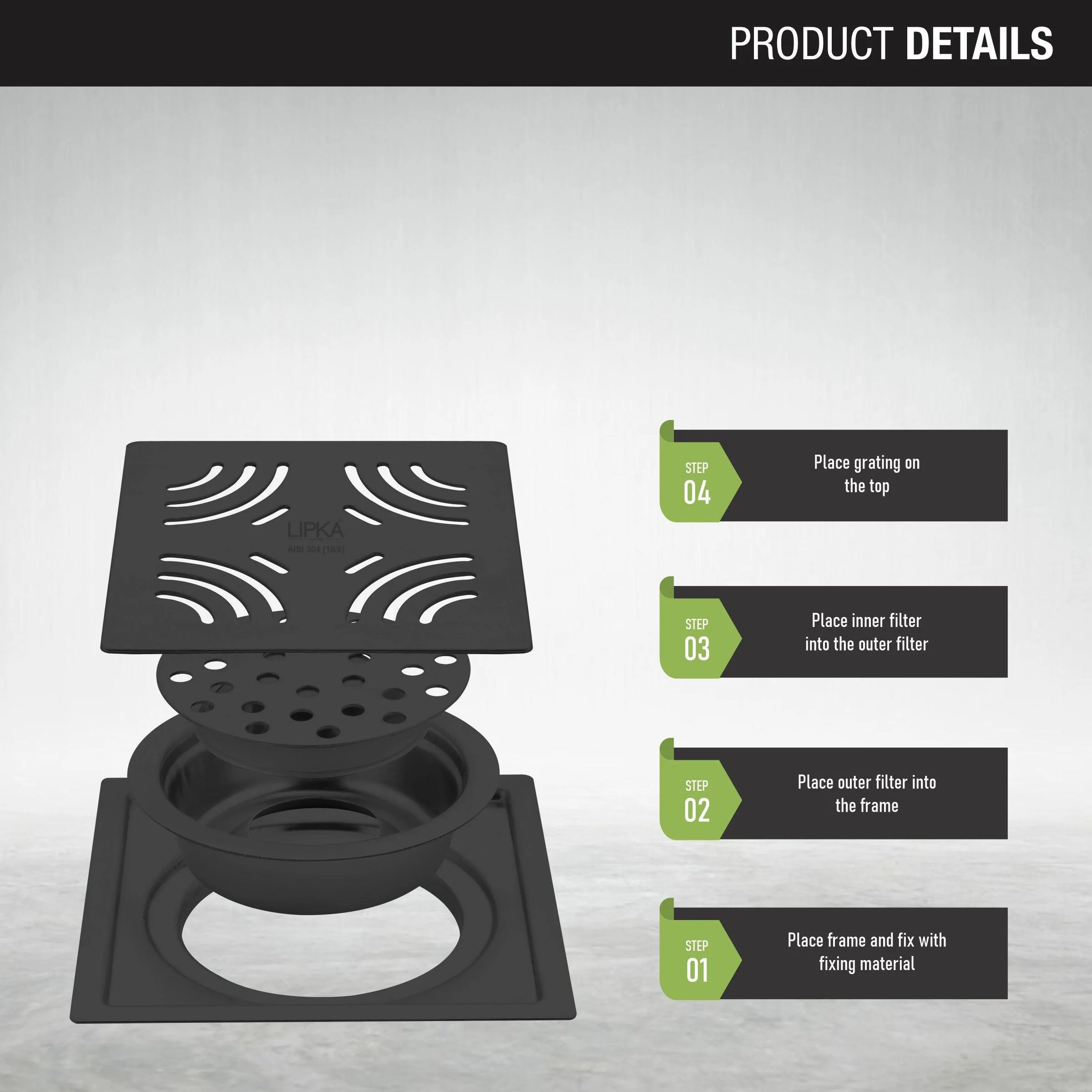 Purple Exclusive Square Flat Cut Floor Drain in Black PVD Coating (6 x 6 Inches) with Cockroach Trap - LIPKA - Image 5