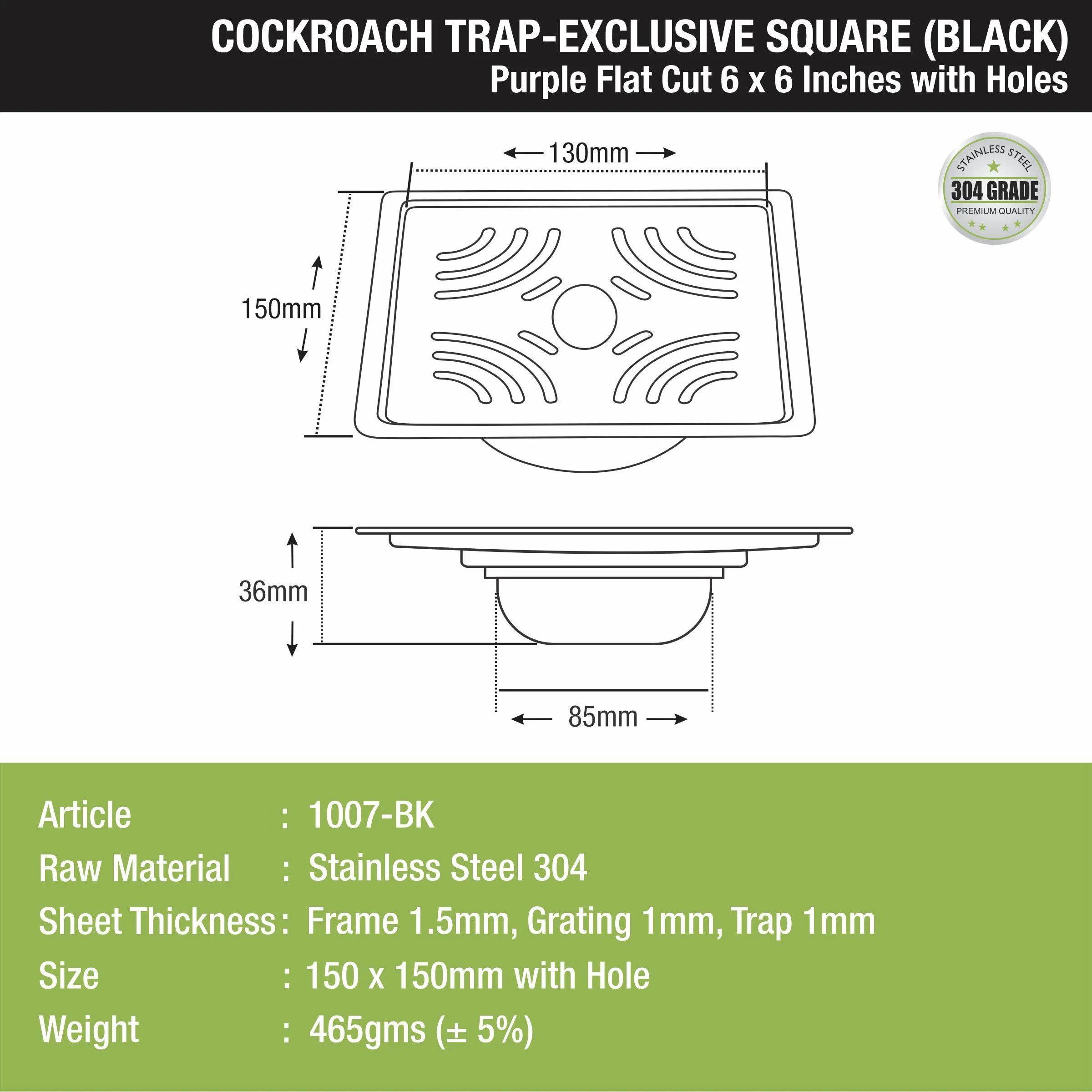 Purple Exclusive Square Flat Cut Floor Drain in Black PVD Coating (6 x 6 Inches) with Hole & Cockroach Trap - LIPKA - Image 2