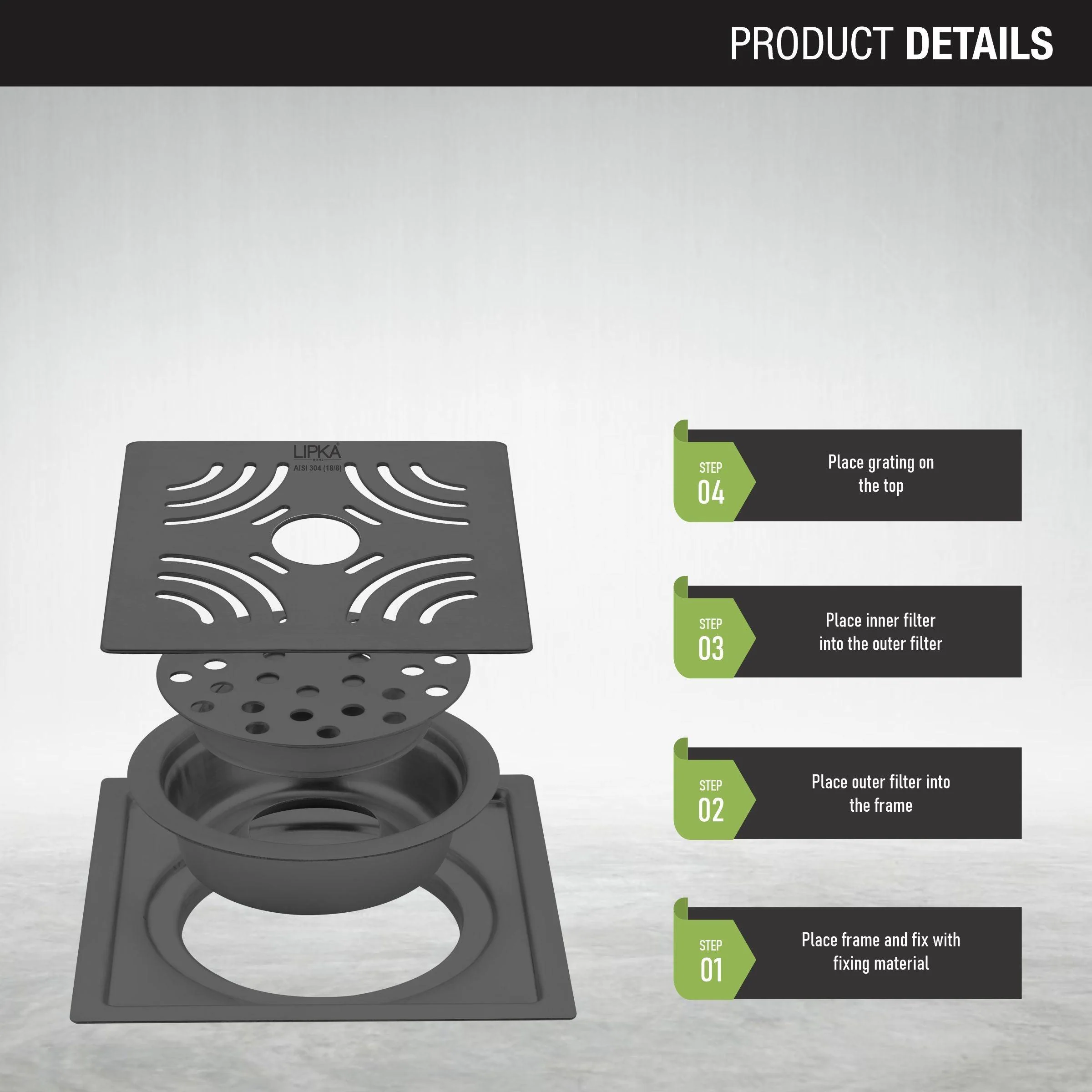 Purple Exclusive Square Flat Cut Floor Drain in Black PVD Coating (6 x 6 Inches) with Hole & Cockroach Trap - LIPKA - Image 3