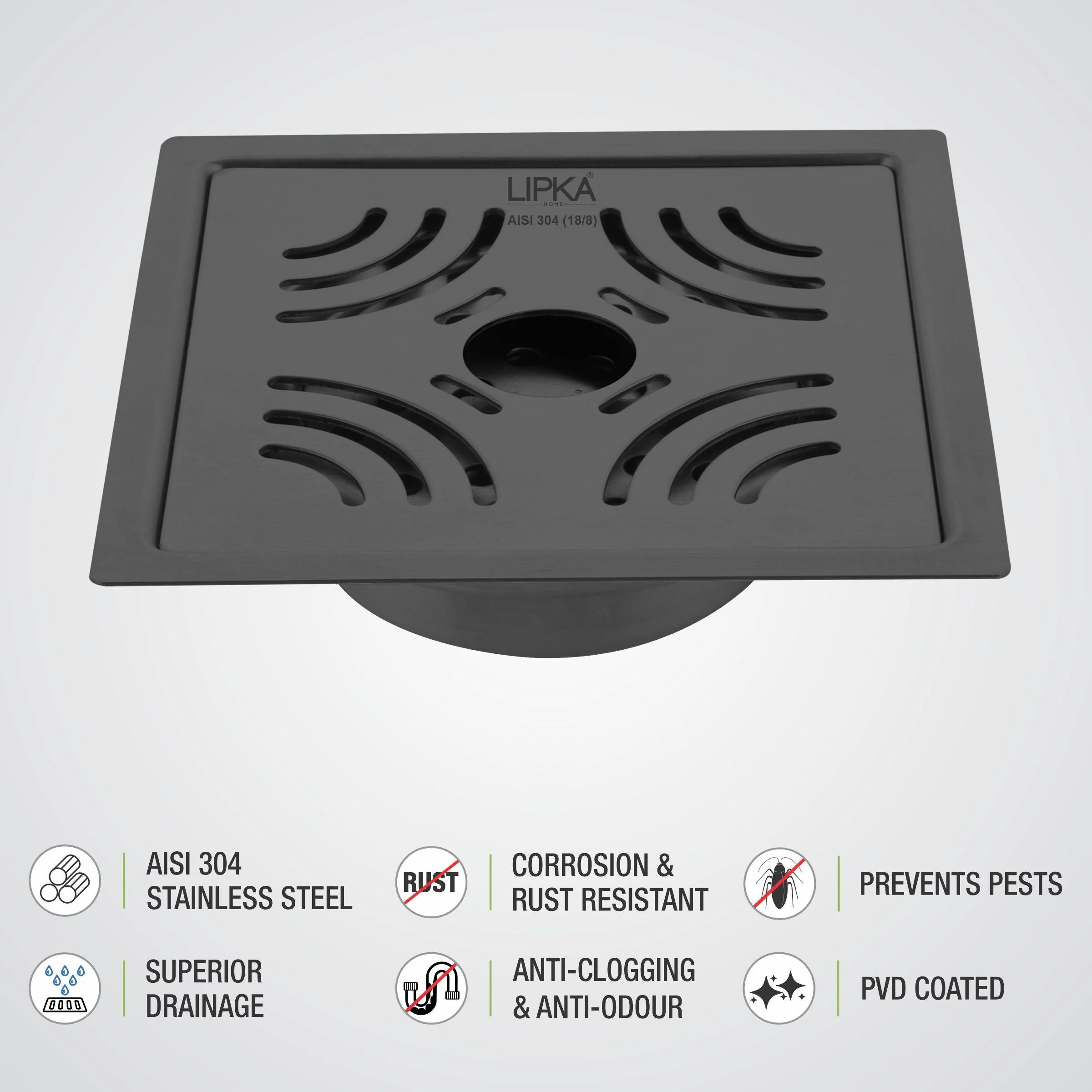Purple Exclusive Square Flat Cut Floor Drain in Black PVD Coating (6 x 6 Inches) with Hole & Cockroach Trap - LIPKA - Image 4