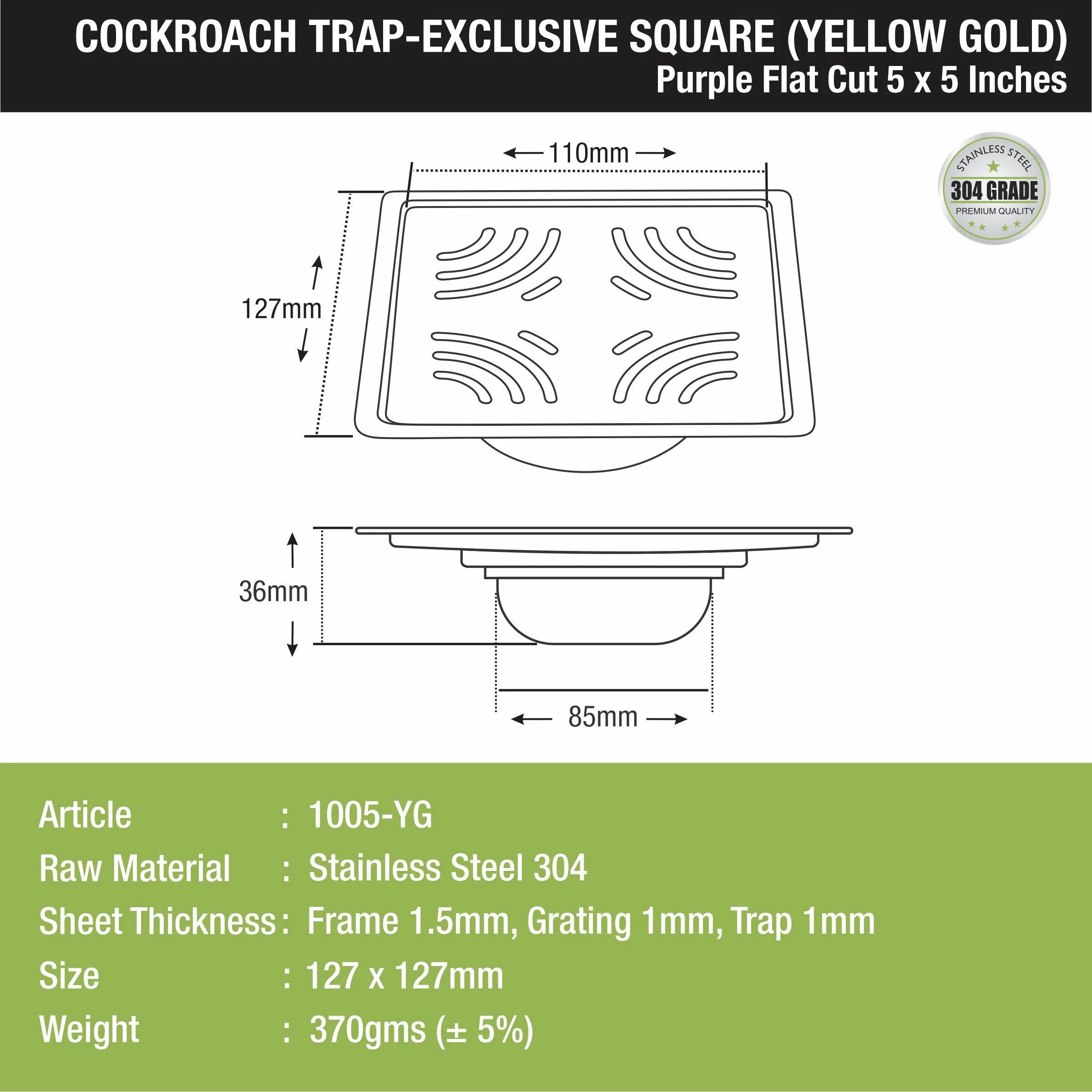 Purple Exclusive Square Flat Cut Floor Drain in Yellow Gold PVD Coating (5 x 5 Inches) with Cockroach Trap - LIPKA - Image 2