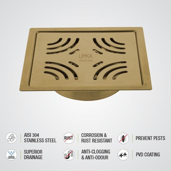 Purple Exclusive Square Flat Cut Floor Drain in Yellow Gold PVD Coating (5 x 5 Inches) with Cockroach Trap - LIPKA - Image 4