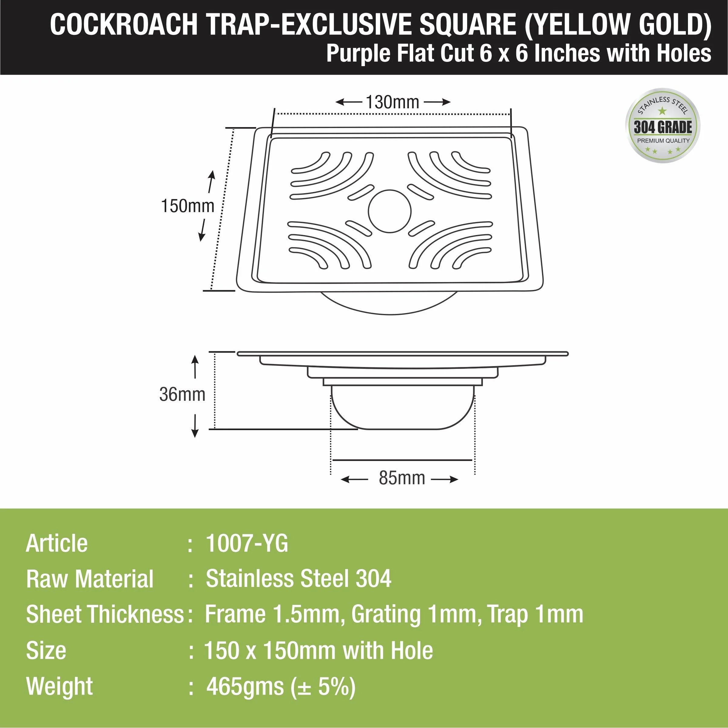Purple Exclusive Square Flat Cut Floor Drain in Yellow Gold PVD Coating (6 x 6 Inches) with Hole & Cockroach Trap - LIPKA - Image 2