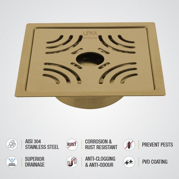 Purple Exclusive Square Flat Cut Floor Drain in Yellow Gold PVD Coating (6 x 6 Inches) with Hole & Cockroach Trap - LIPKA - Image 4