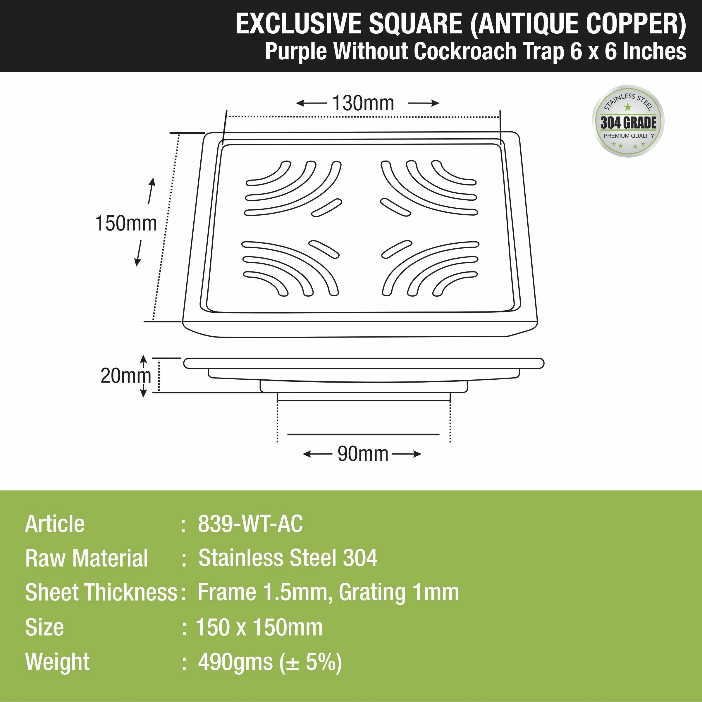 Purple Exclusive Square Floor Drain in Antique Copper PVD Coating (6 x 6 Inches) - LIPKA - Image 2