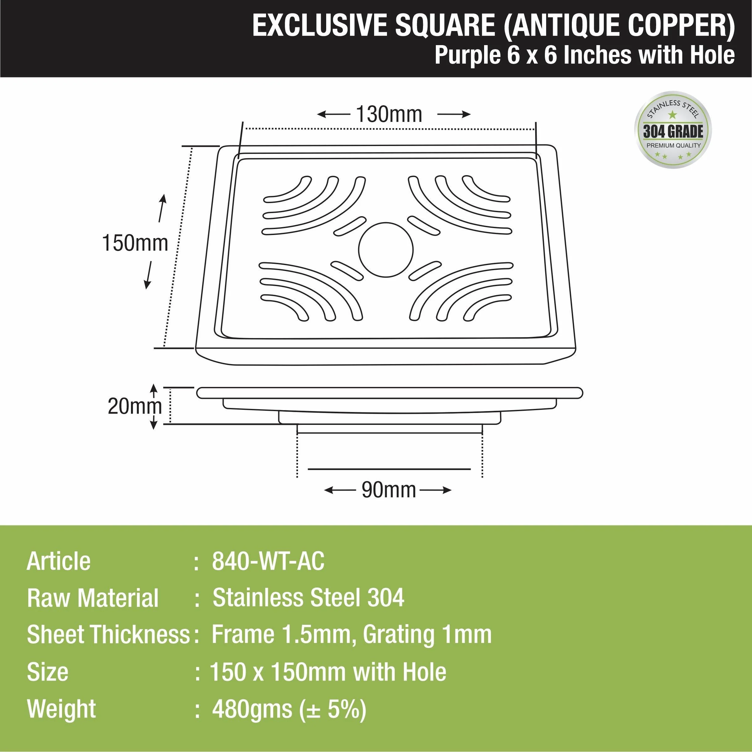Purple Exclusive Square Floor Drain in Antique Copper PVD Coating (6 x 6 Inches) with Hole - LIPKA - Image 2