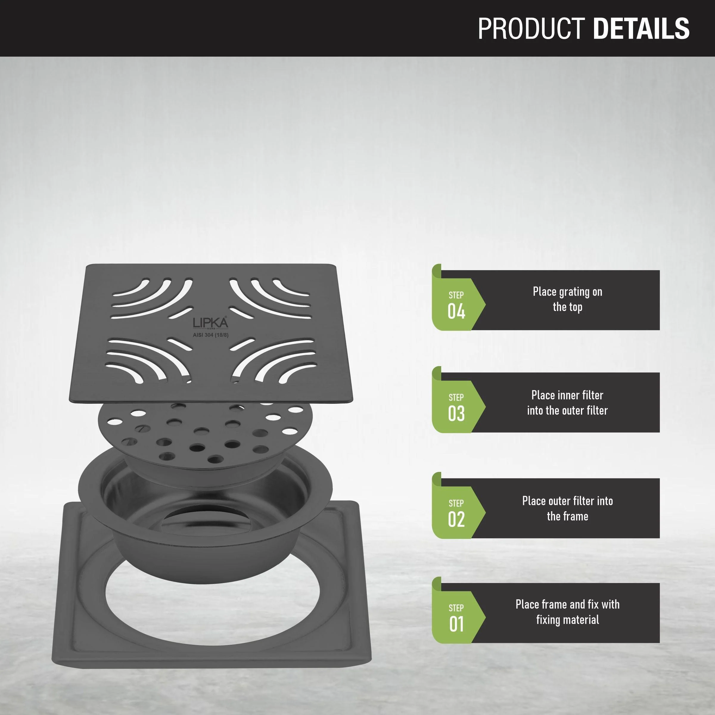 Purple Exclusive Square Floor Drain in Black PVD Coating (6 x 6 Inches) with Cockroach Trap - LIPKA - Image 3