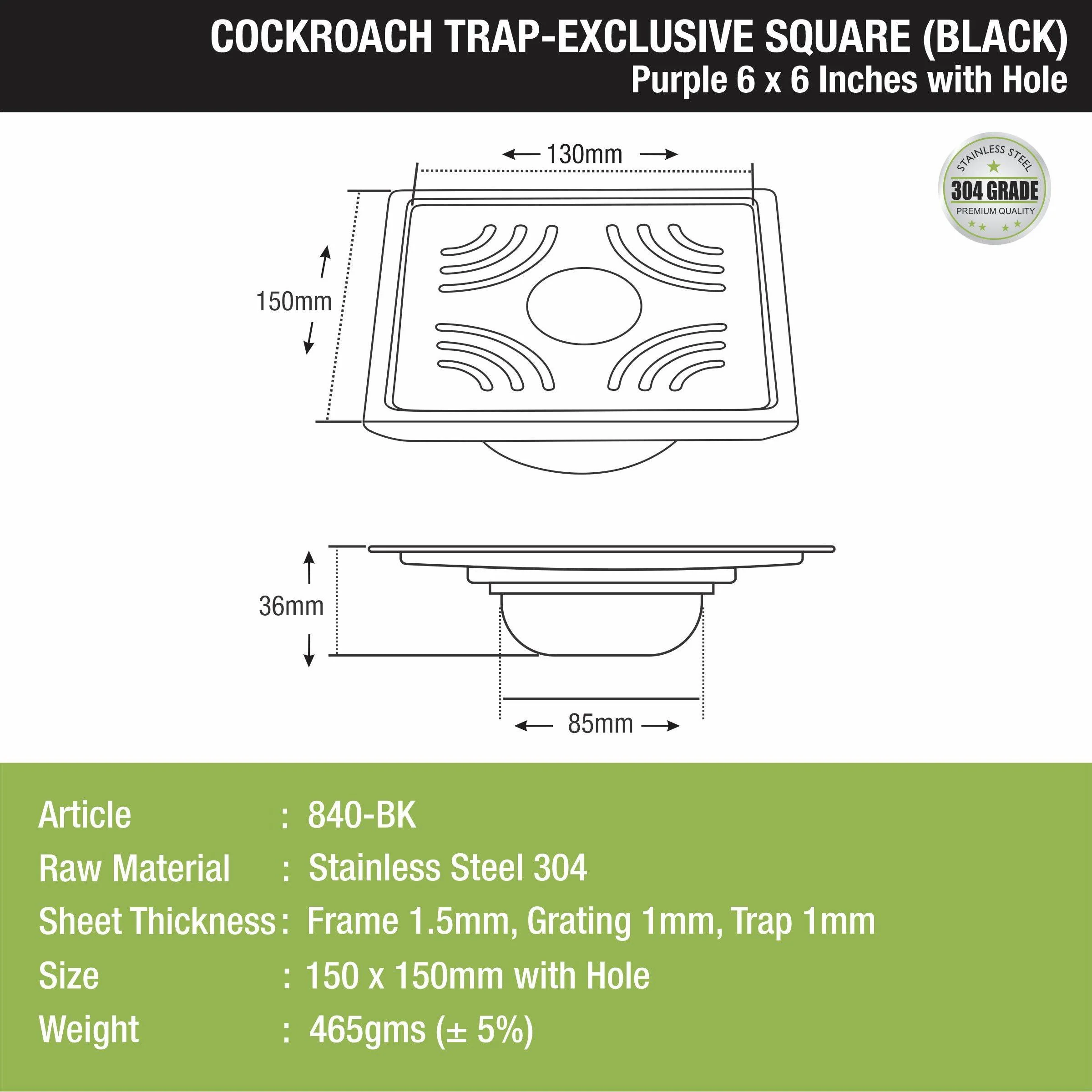 Purple Exclusive Square Floor Drain in Black PVD Coating (6 x 6 Inches) with Hole & Cockroach Trap - LIPKA - Image 2