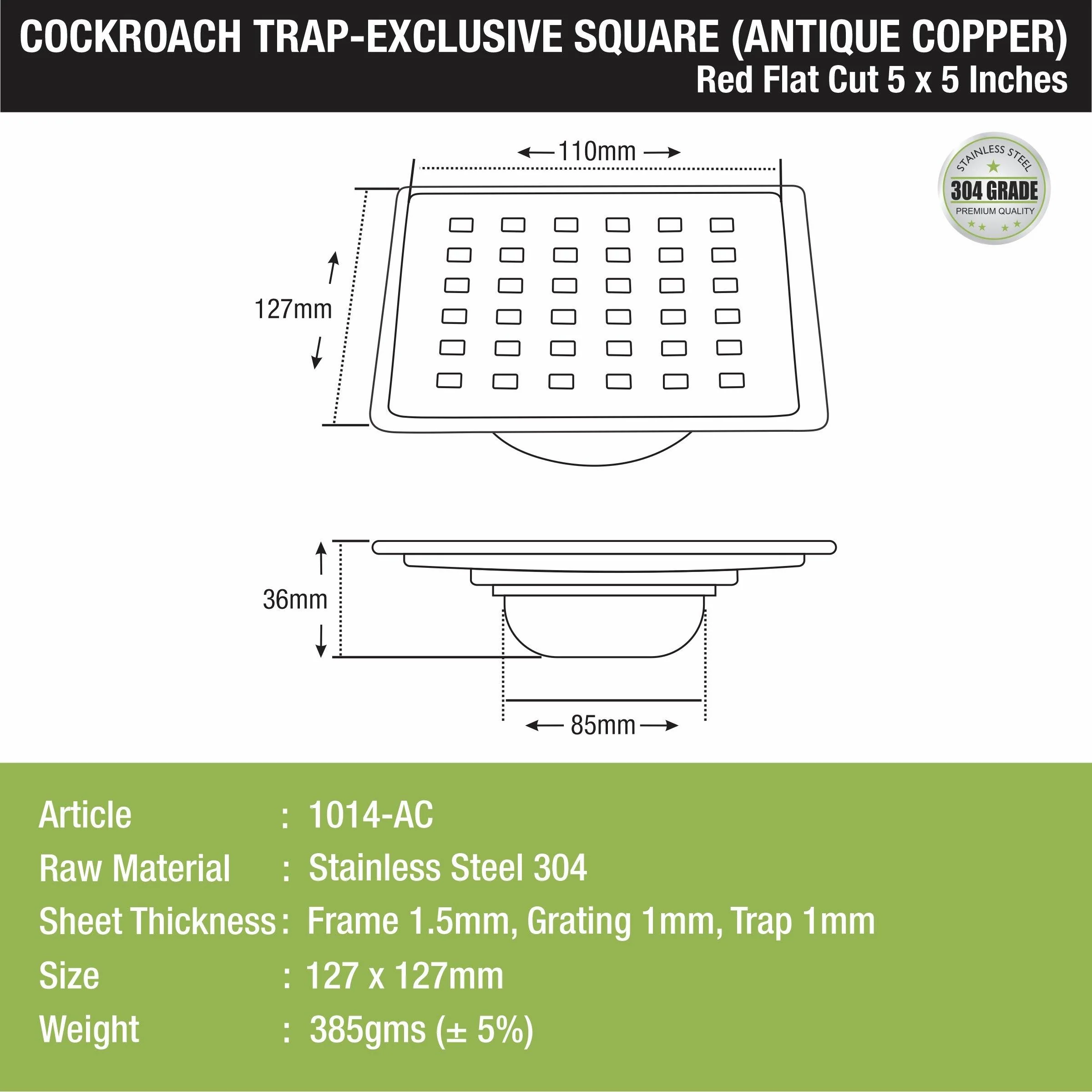 Red Exclusive Square Flat Cut Floor Drain in Antique Copper PVD Coating (5 x 5 Inches) with Cockroach Trap - LIPKA - Image 2