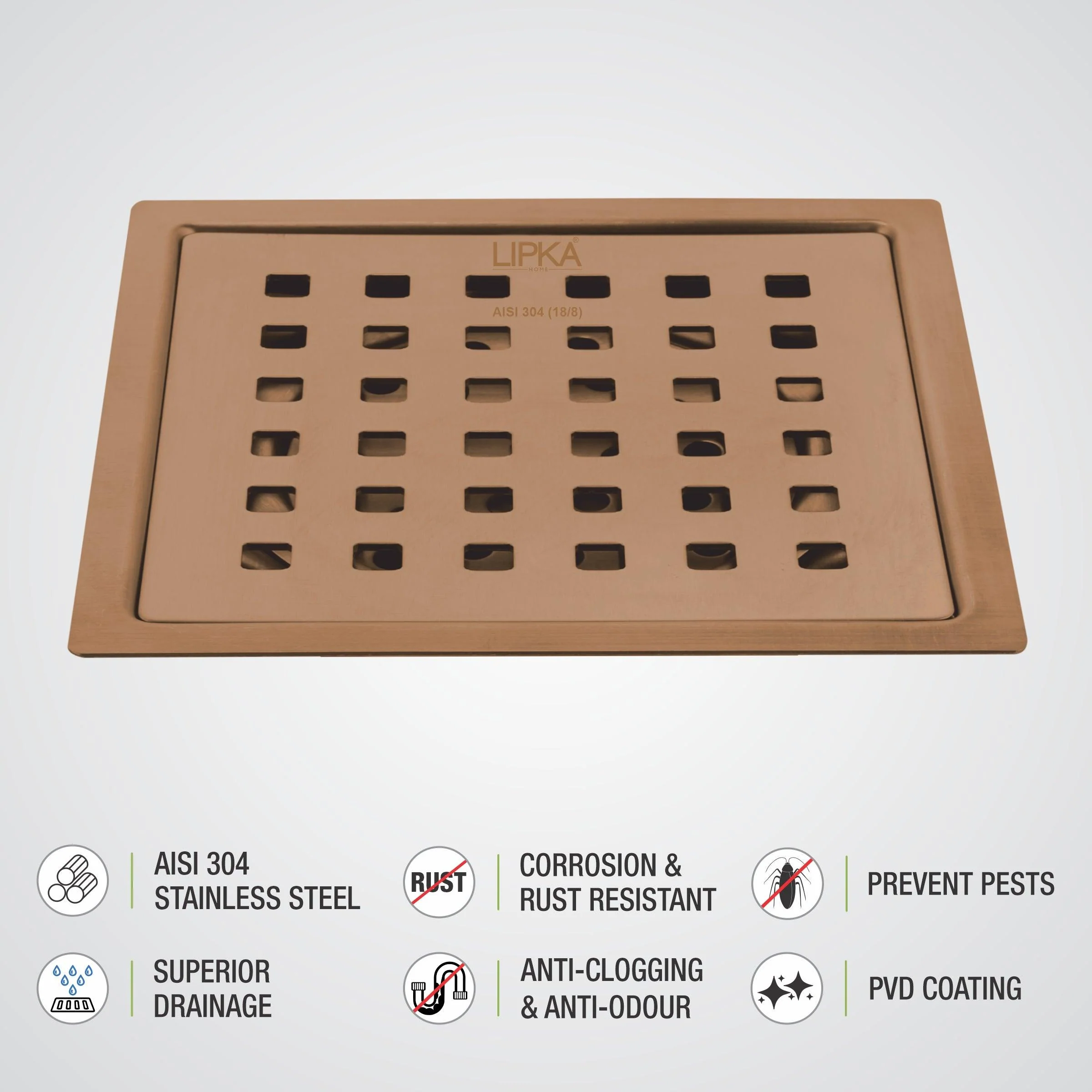 Red Exclusive Square Flat Cut Floor Drain in Antique Copper PVD Coating (6 x 6 Inches) - LIPKA - Image 3