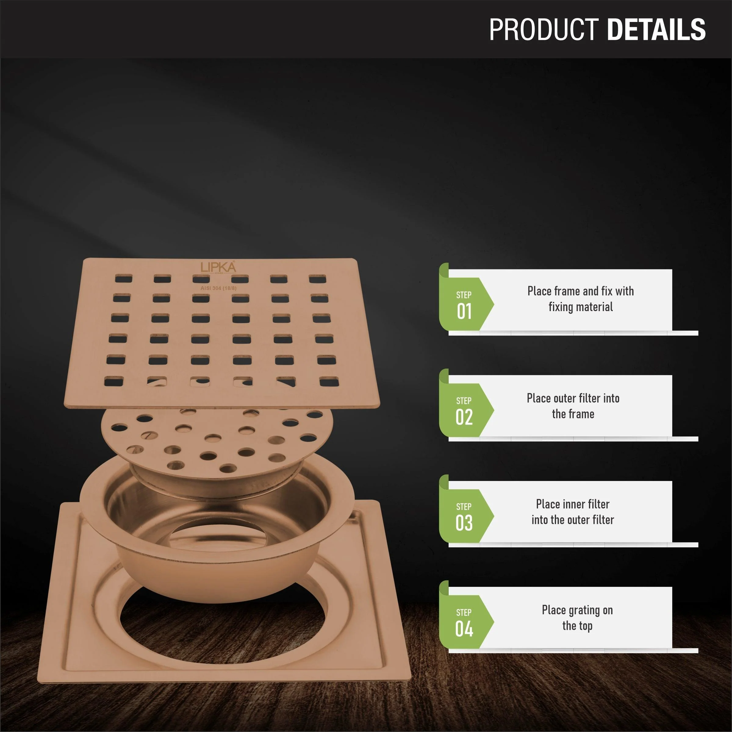 Red Exclusive Square Flat Cut Floor Drain in Antique Copper PVD Coating (6 x 6 Inches) with Cockroach Trap - LIPKA - Image 3