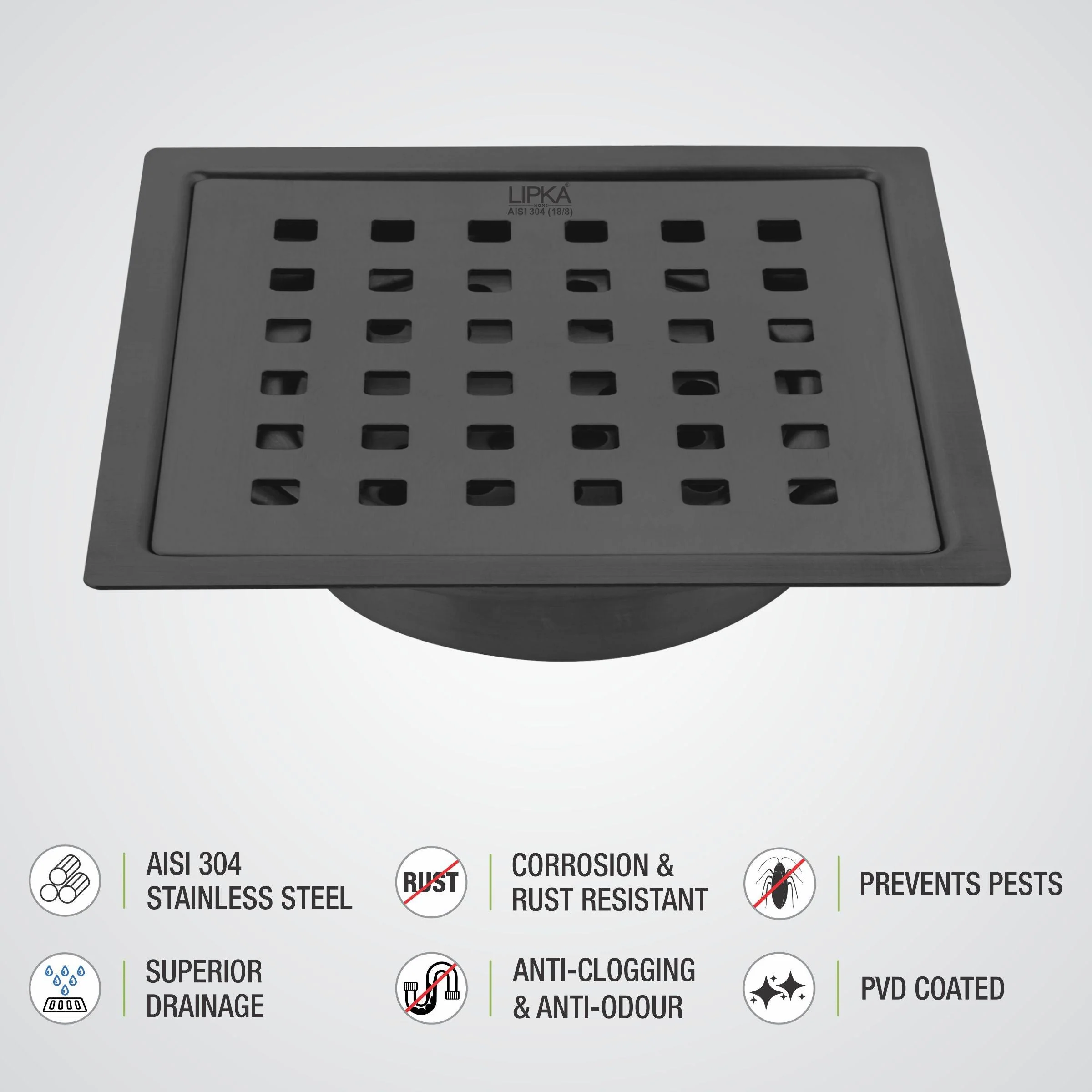 Red Exclusive Square Flat Cut Floor Drain in Black PVD Coating (5 x 5 Inches) with Cockroach Trap - LIPKA - Image 4