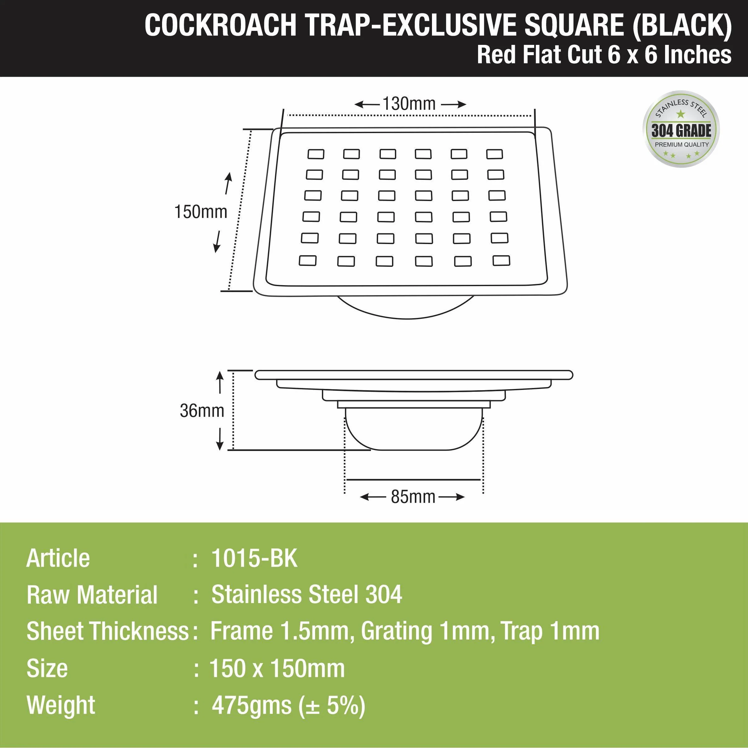 Red Exclusive Square Flat Cut Floor Drain in Black PVD Coating (6 x 6 Inches) with Cockroach Trap - LIPKA - Image 2