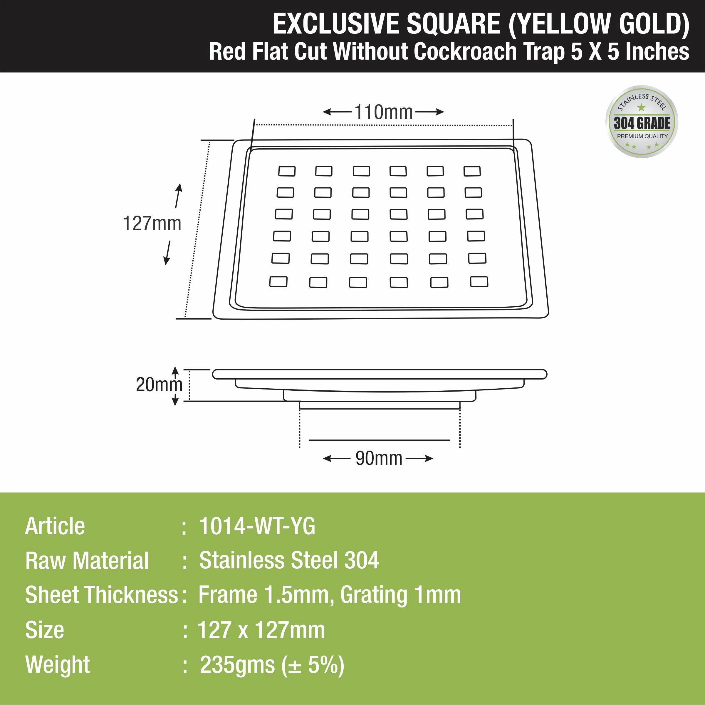 Red Exclusive Square Flat Cut Floor Drain in Yellow Gold PVD Coating (5 x 5 Inches) - LIPKA - Image 2