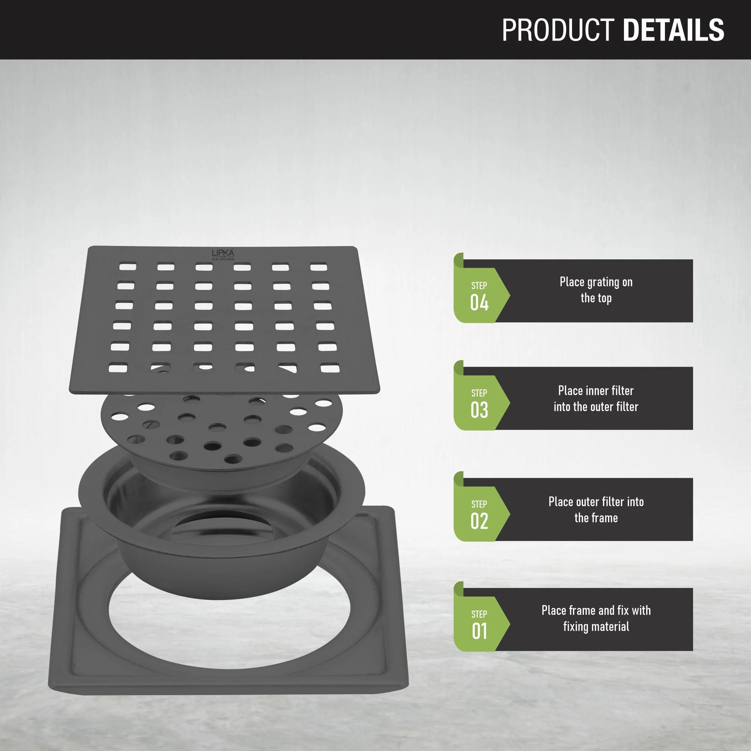Red Exclusive Square Floor Drain in Black PVD Coating (5 x 5 Inches) with Cockroach Trap - LIPKA - Image 3