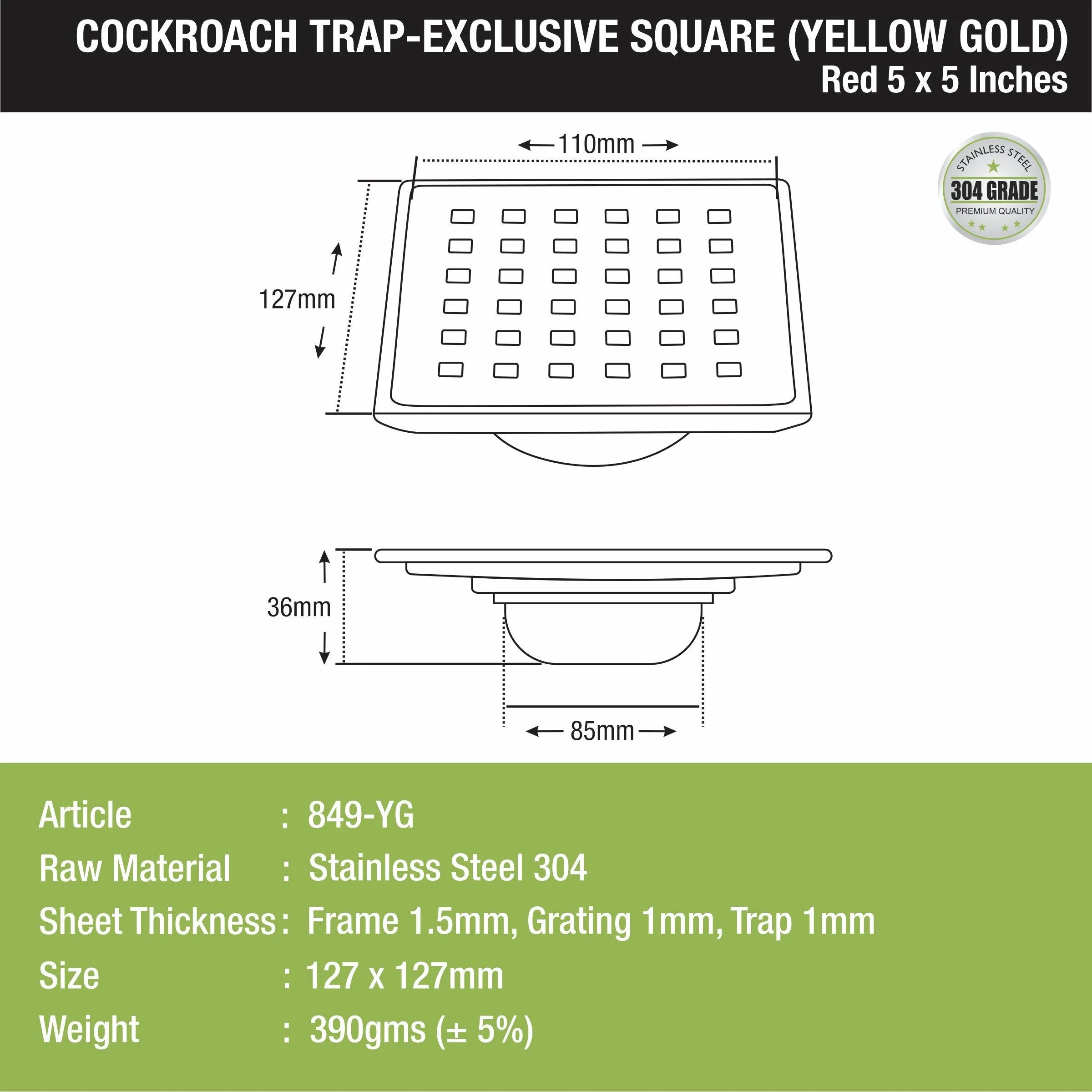 Red Exclusive Square Floor Drain in Yellow Gold PVD Coating (5 x 5 Inches) with Cockroach Trap - LIPKA - Image 2