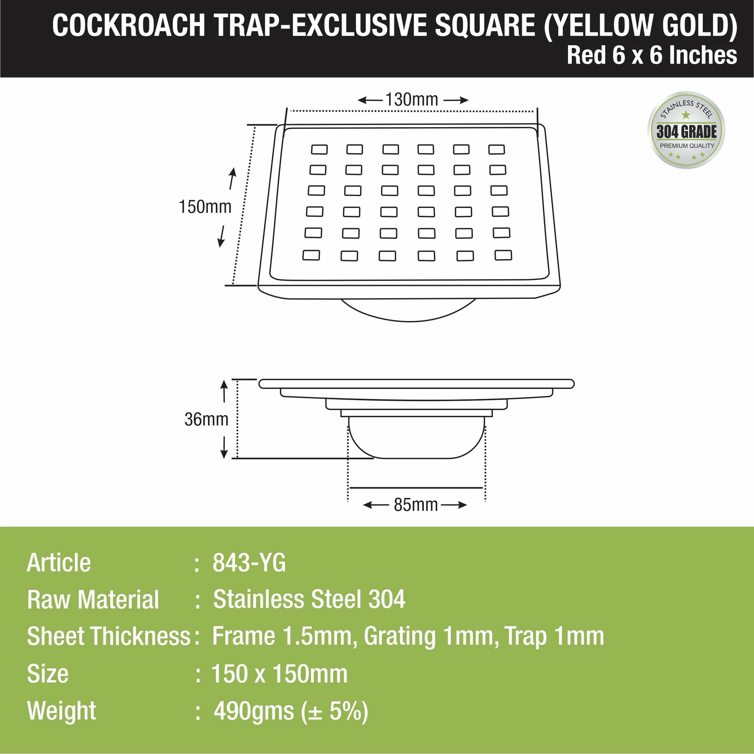 Red Exclusive Square Floor Drain in Yellow Gold PVD Coating (6 x 6 Inches) with Cockroach Trap - LIPKA - Image 3