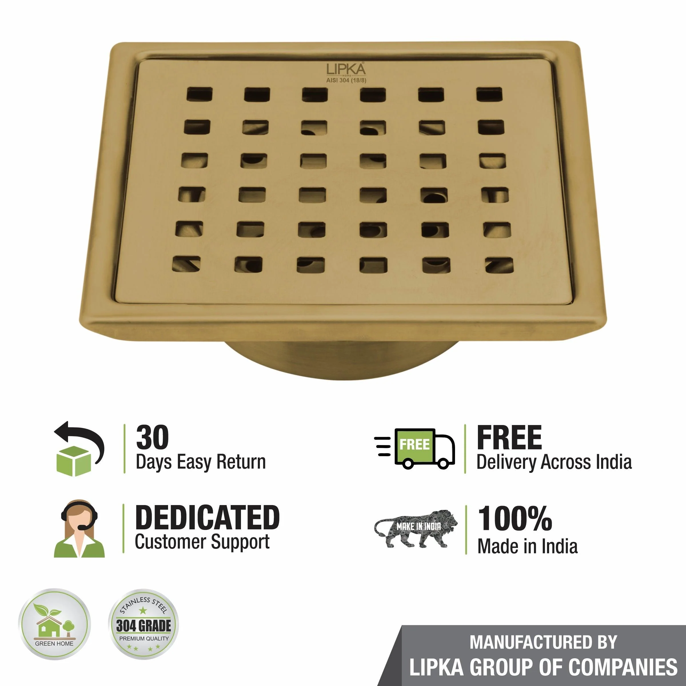 Red Exclusive Square Floor Drain in Yellow Gold PVD Coating (6 x 6 Inches) with Cockroach Trap - LIPKA - Image 5