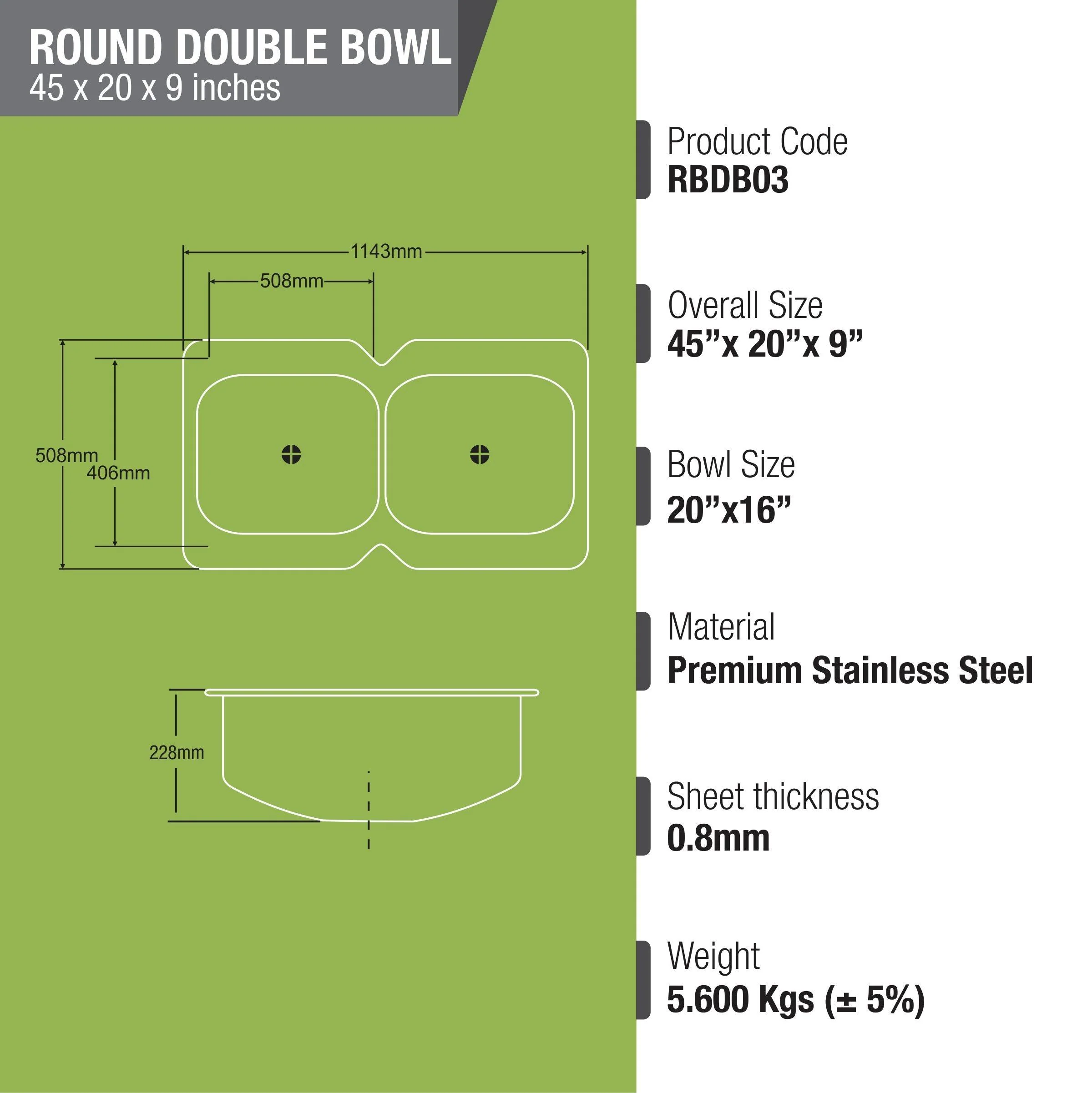 Round Double Bowl Kitchen Sink (45 x 20 x 9 Inches) - LIPKA - Image 2