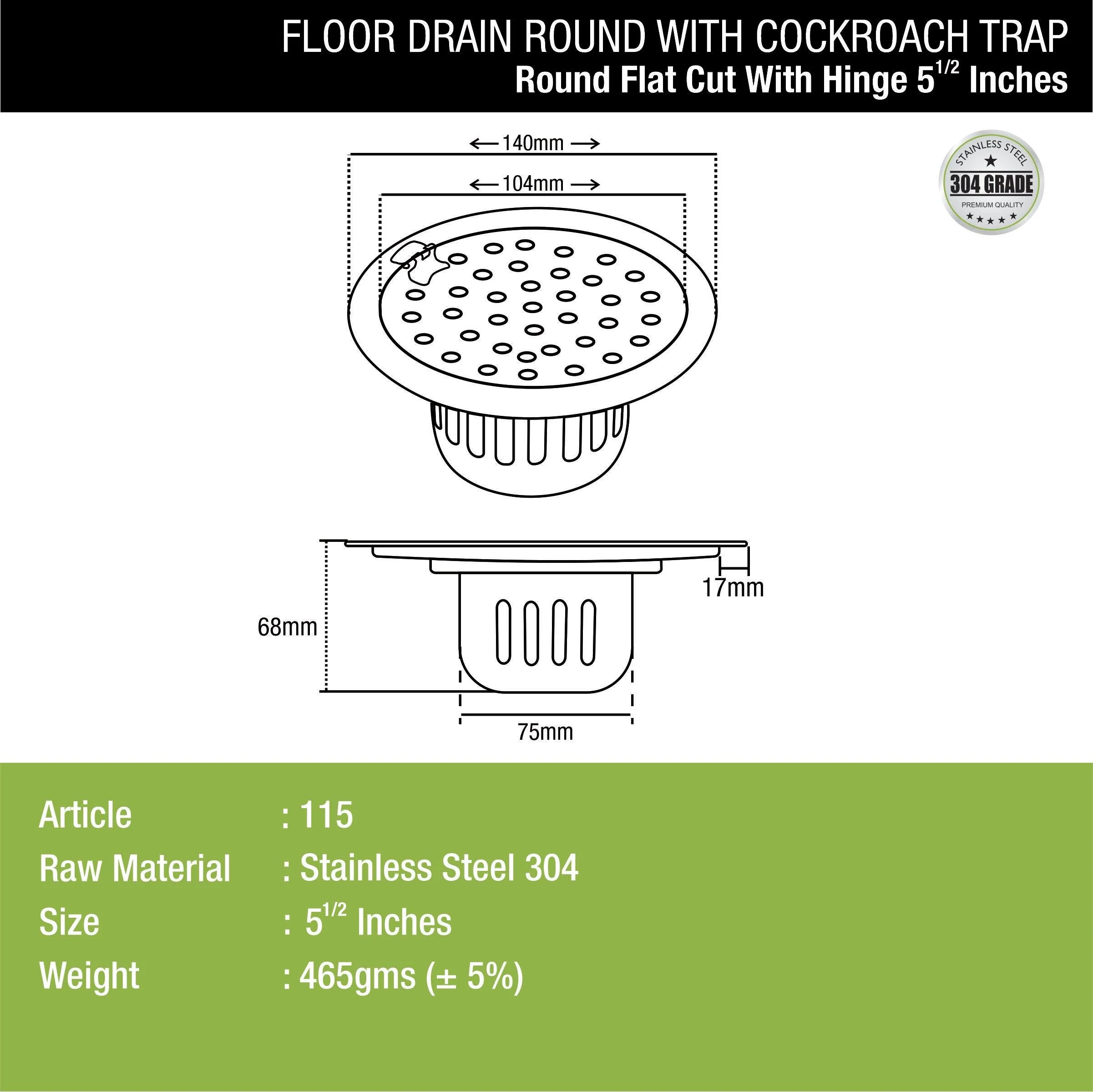 Round Flat Cut Floor Drain (5.5 inches) with Hinge & Cockroach Trap - LIPKA - Image 2