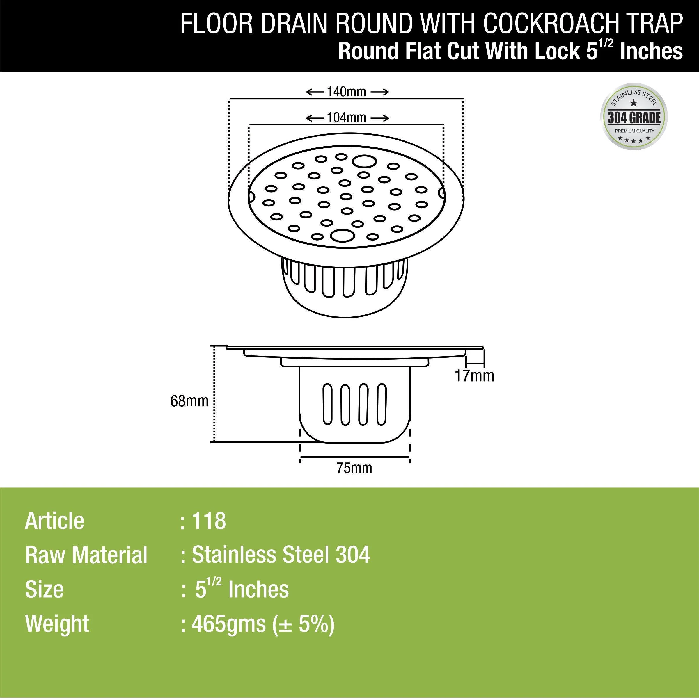 Round Flat Cut Floor Drain (5.5 inches) with Lock & Cockroach Trap - LIPKA - Image 2