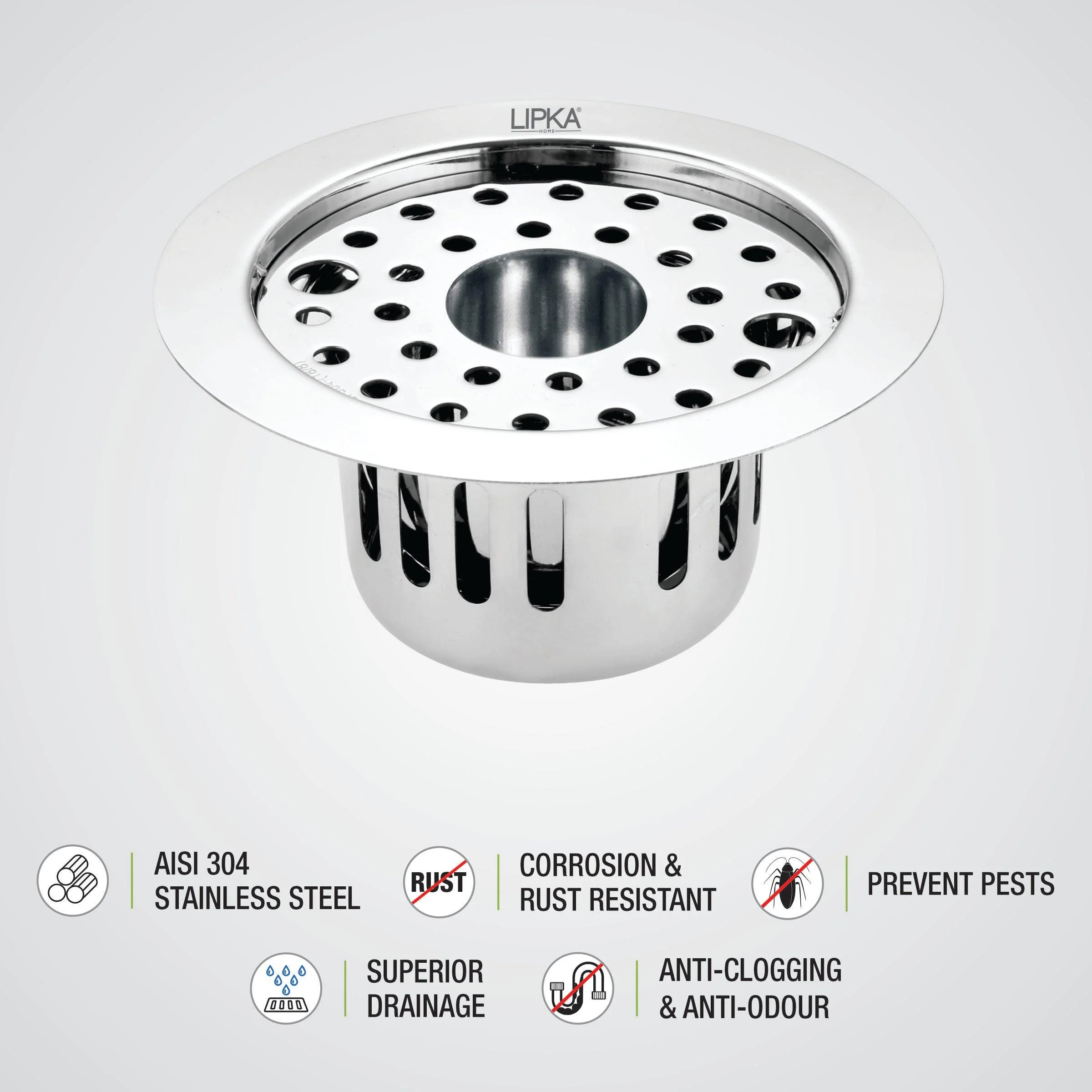 Round Flat Cut Floor Drain (5.5 inches) with Lock, Hole and Cockroach Trap - LIPKA - Image 3