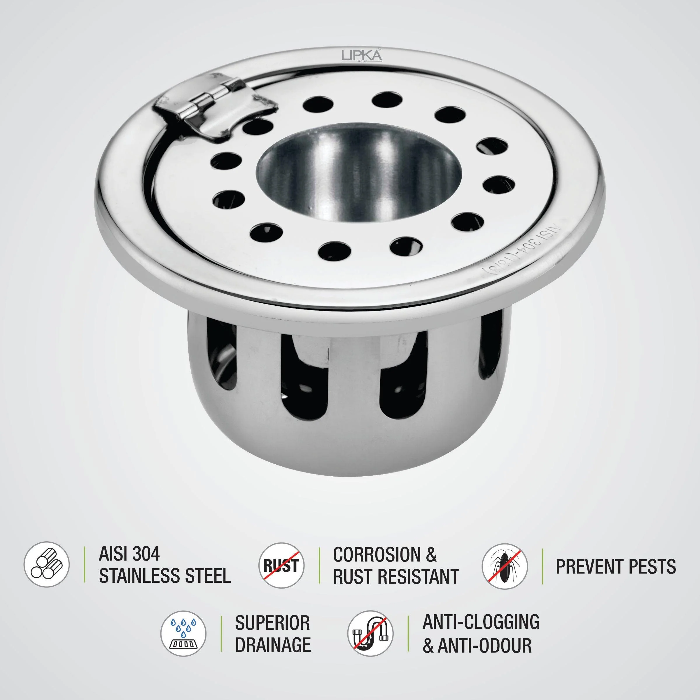 Round Floor Drain (5 Inches) with Hinge, Hole and Cockroach Trap - LIPKA - Image 3