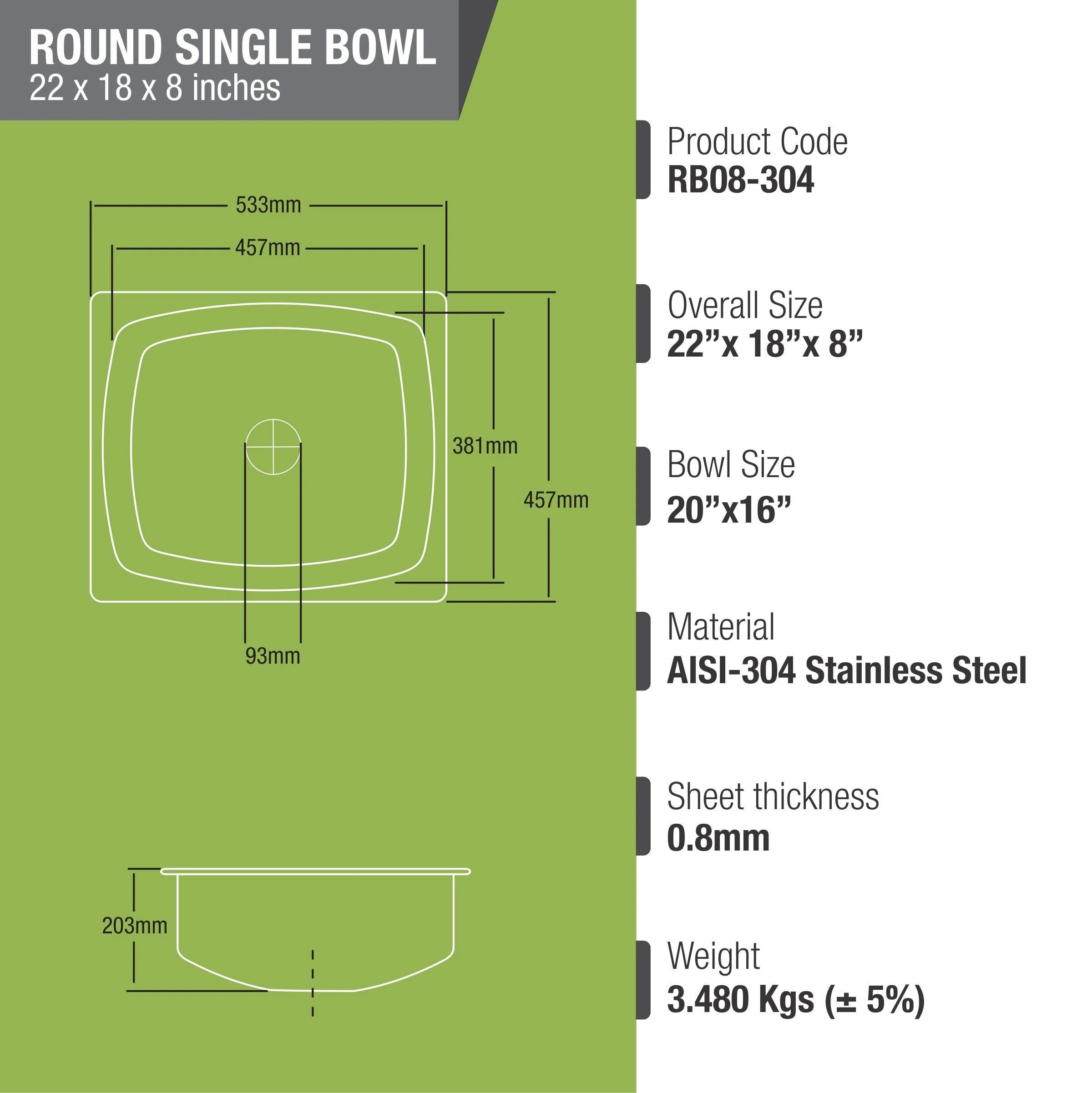 Round Single Bowl 304-Grade Kitchen Sink (22 x 18 x 8 Inches) - LIPKA - Image 2