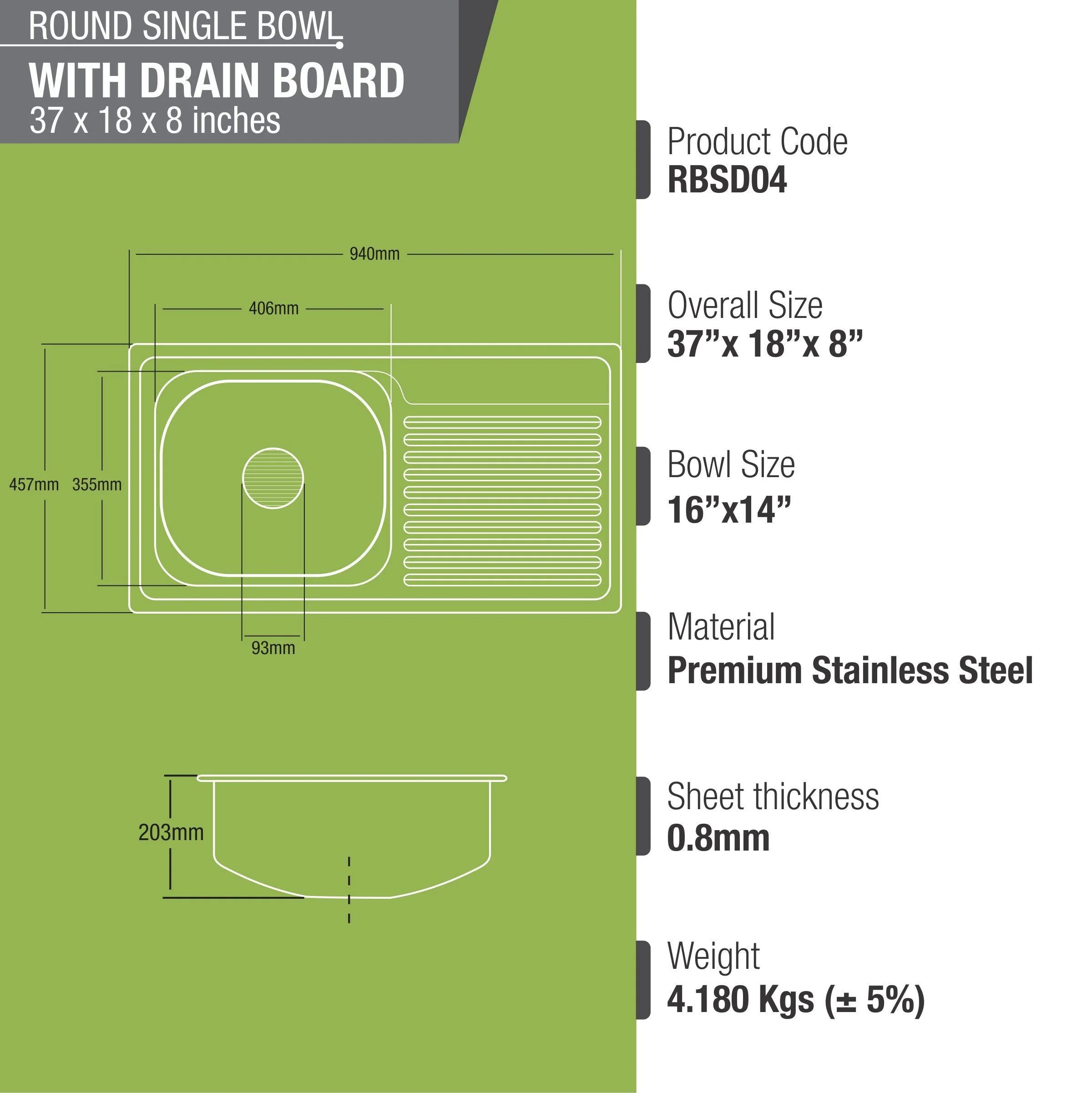 Round Single Bowl Kitchen Sink with Drainboard (37 x 18 x 8 Inches) - LIPKA - Image 3