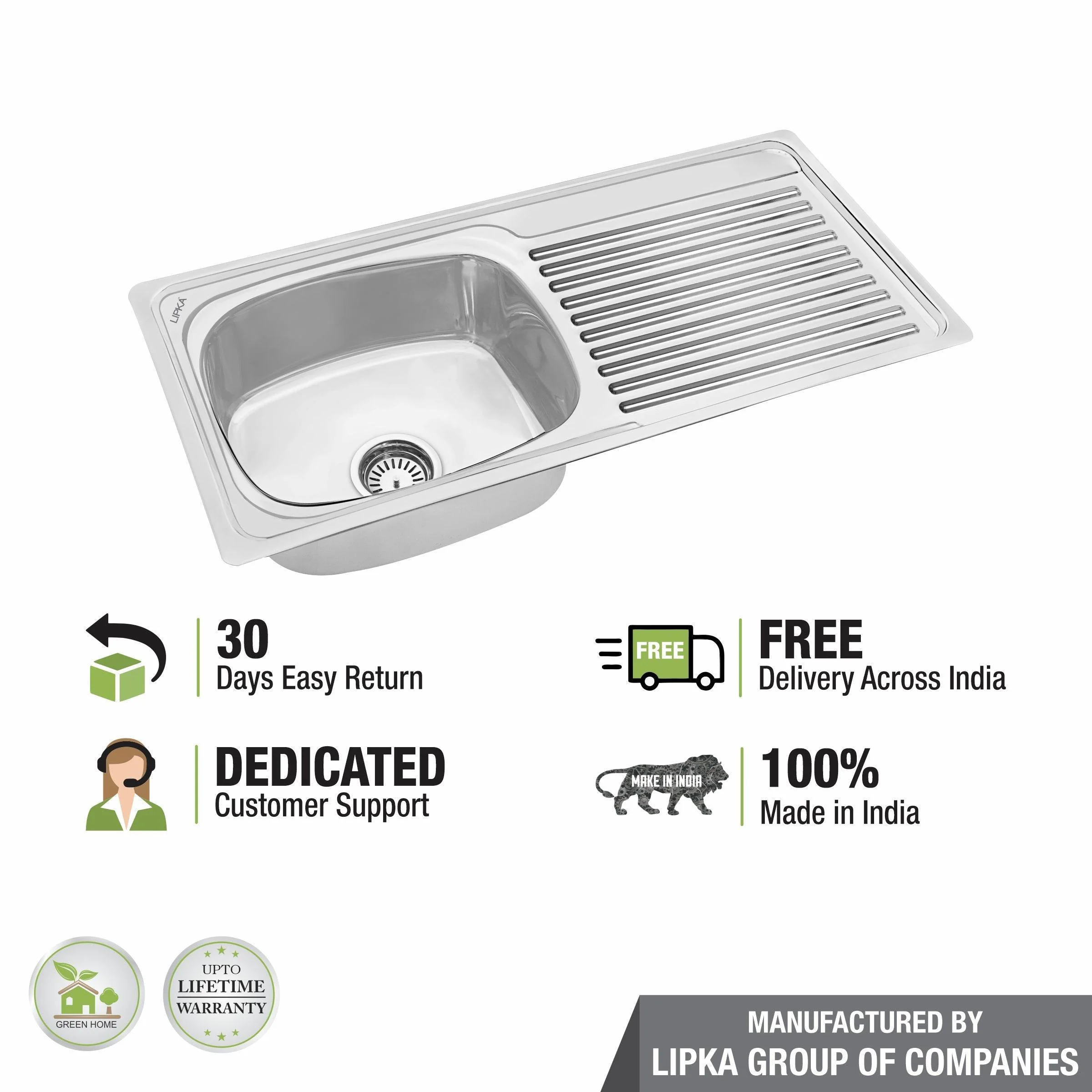 Round Single Bowl Kitchen Sink with Drainboard (37 x 18 x 8 Inches) - LIPKA - Image 6