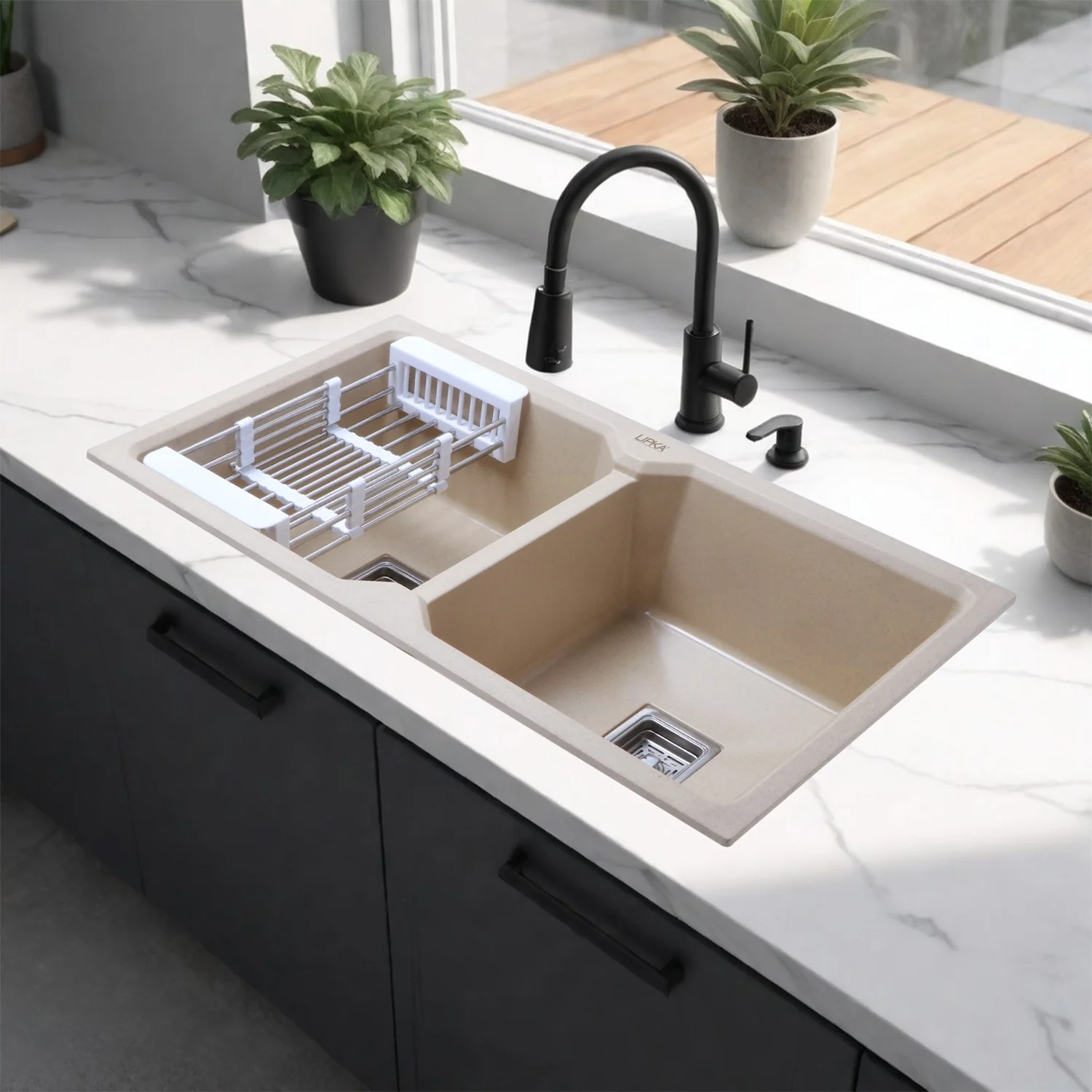 Sand Choco Quartz Double Bowl Kitchen Sink (37 x 18 x 9 Inches) - LIPKA