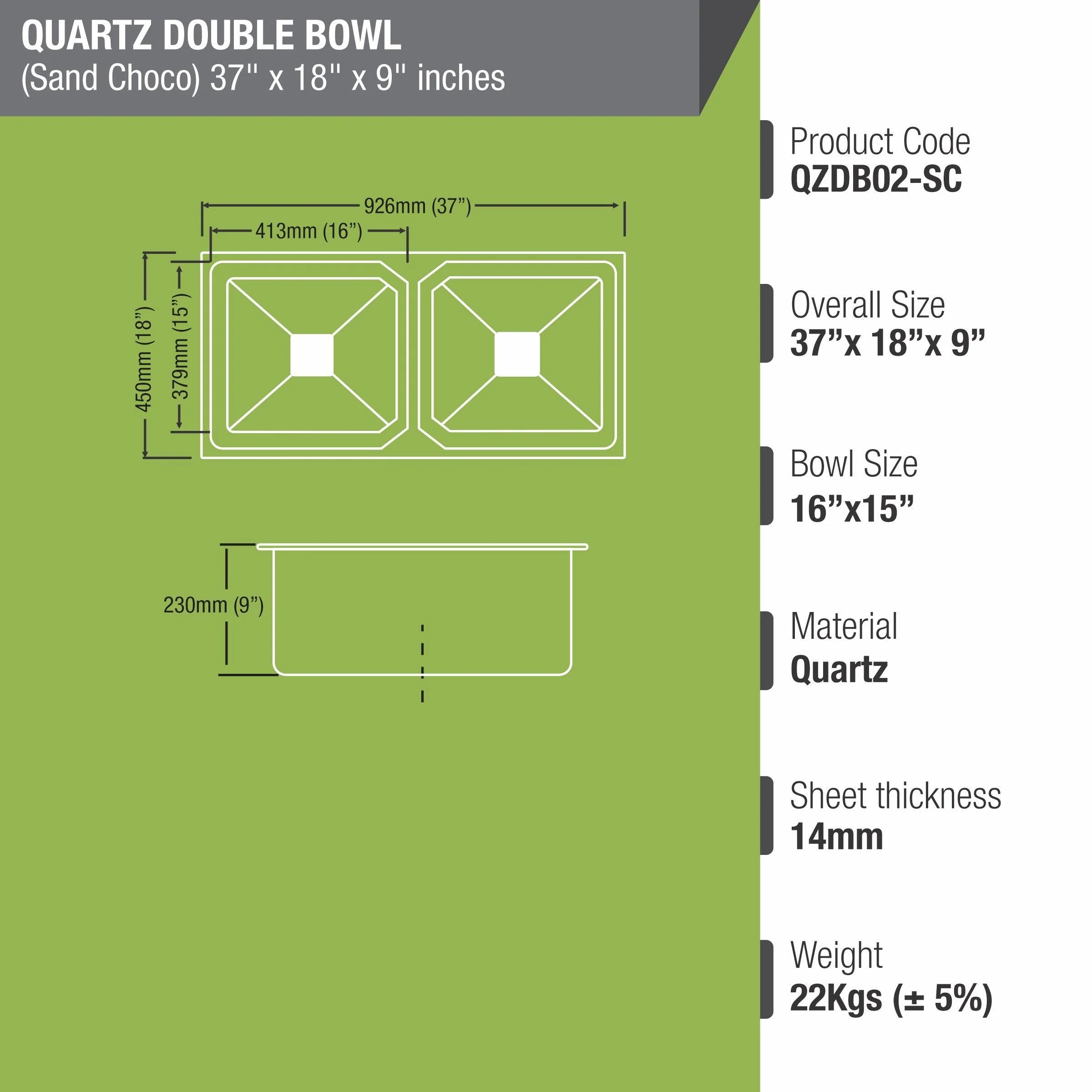 Sand Choco Quartz Double Bowl Kitchen Sink (37 x 18 x 9 Inches) - LIPKA - Image 3